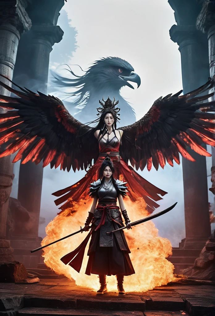 a blood girl, and a huge fire eagle, made of smoke, wearing a warrior outfit complete with armor floating around the ruins of an ancient temple, inspired by Japanese gods, carrying a huge divine sword, temple background, Japan, dark, horror vibes, gothic, smoke, fire, big add some big snakes in the back, Japanese mythical gods, evil smile, crazy eyes, eye patch, fuji colors, high detail, high quality, accurate