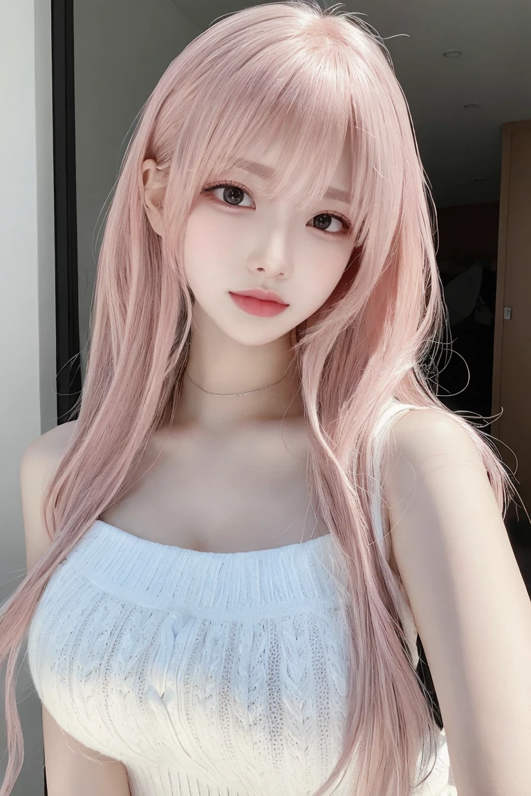 Pink Hair、masterpiece、Highest quality、Extremely detailed 8K、Ultra HD、Very detailedな、Very detailed、Very realistic、Photo realistic、Japanese、One Girl、High head rate、Beautiful realistic face、Realistic face in every detail、High detail, Realistic Hair、Beautiful and realistic hairstyles、Beautiful and realistic eyes、hVery detailed realistic eyes、Proportional eyes、HVery detailed pupils、Very detailedリアルな自然な眉毛、Very detailedリアルな唇、 Beautiful and realistic lips、Pink lipstick、Sexy lips、Realistic and well-proportioned breasts、Realistic medium sized breasts、Slim Abs、Very detailed皮膚、Full body image、Sleeveless white cable knit dress:1.5、On a university campus:1.2