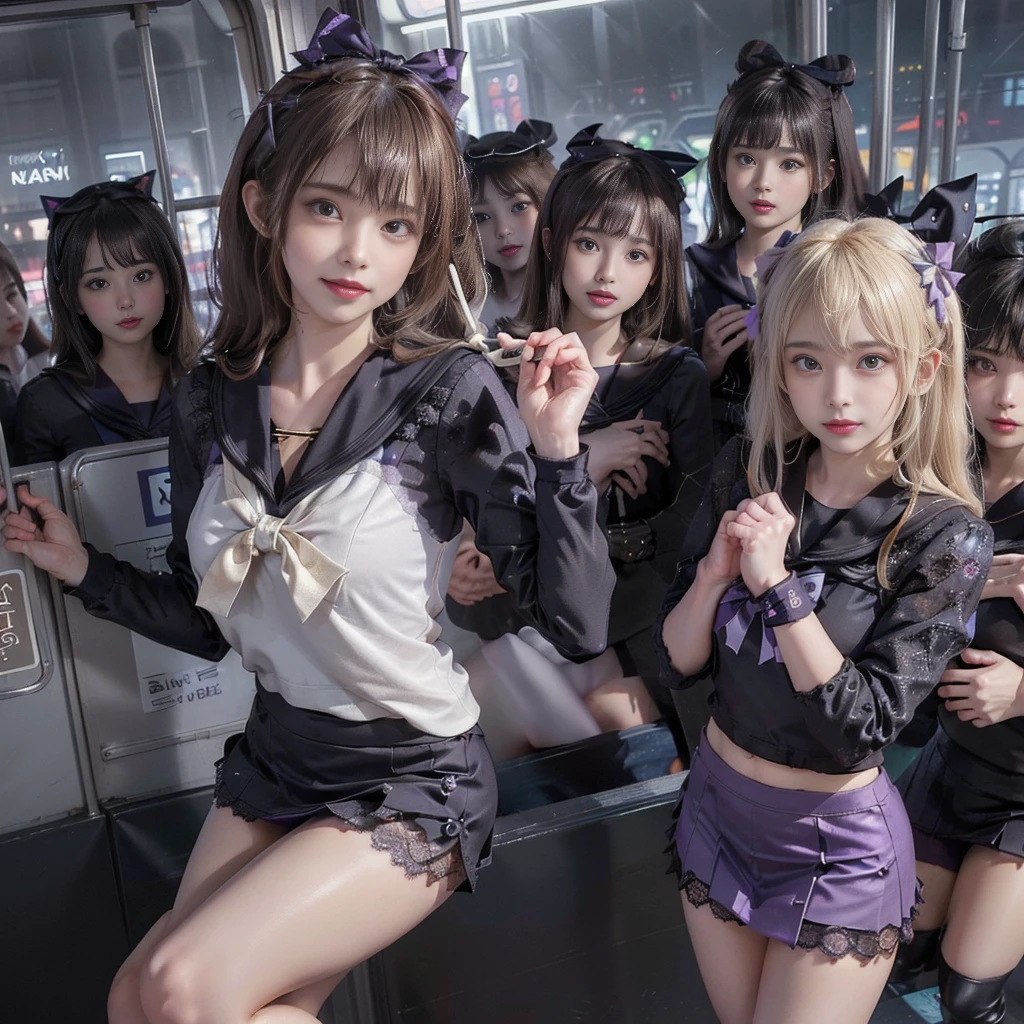 8K resolution, surreal, Super detailed, high quality, perfect anatomy, perfect proportion, masterpiece,
((((((A group photo in crowded train at night, 6 girls, group photo)))))),
(((((purple, black face mask, sailor collar, sailor uniform, Lace, mini skirt, bow ribbon))))),
((((happy, grin, detailed face)))),
((((blond hair, bleached hair)))), (((impossible breasts))),
(((shiny oiled skin, detailed skin))),
(((tight clothes, thigh, bare legs))), looking at viewer