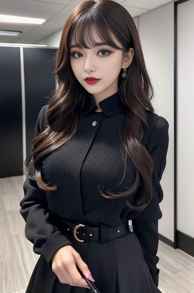 Highest quality、Super detailed、4K、Japanese、Captivating beauty、Attractive adult woman、Beautiful woman、Cool girl、evil女、brainwashingされた、brainwashing、Fallen into evil、Grin、邪evilな表情、邪evilな笑顔、evil、Brown Hair、Wavy Hair、Swept-apart bangs、Heavy makeup、Heavy makeup、Sharp Eye、Hollow Eyes,Half-closed eyes、Hollow Eyes、purple eye shadow、Black lipstick、Black lip gloss、suit、Black jacket、blouse、Black tight skirt、night、In the office、Have lipstick