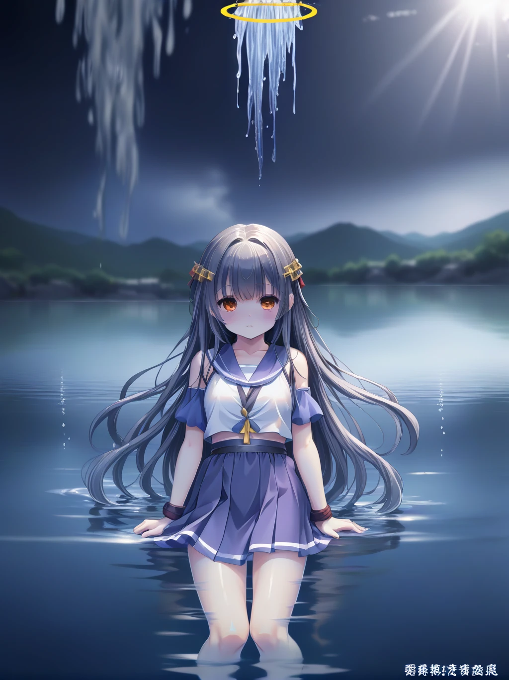 partially underwater, lakeの女神, Long Hair, Wet Hair,
lake,Dark Background, Blurred Edges,8--old、t Chest、skirt、Above the water line from the neck、Corpses in the water, Underwater Photography、浮力でskirtがめくれる、Halo