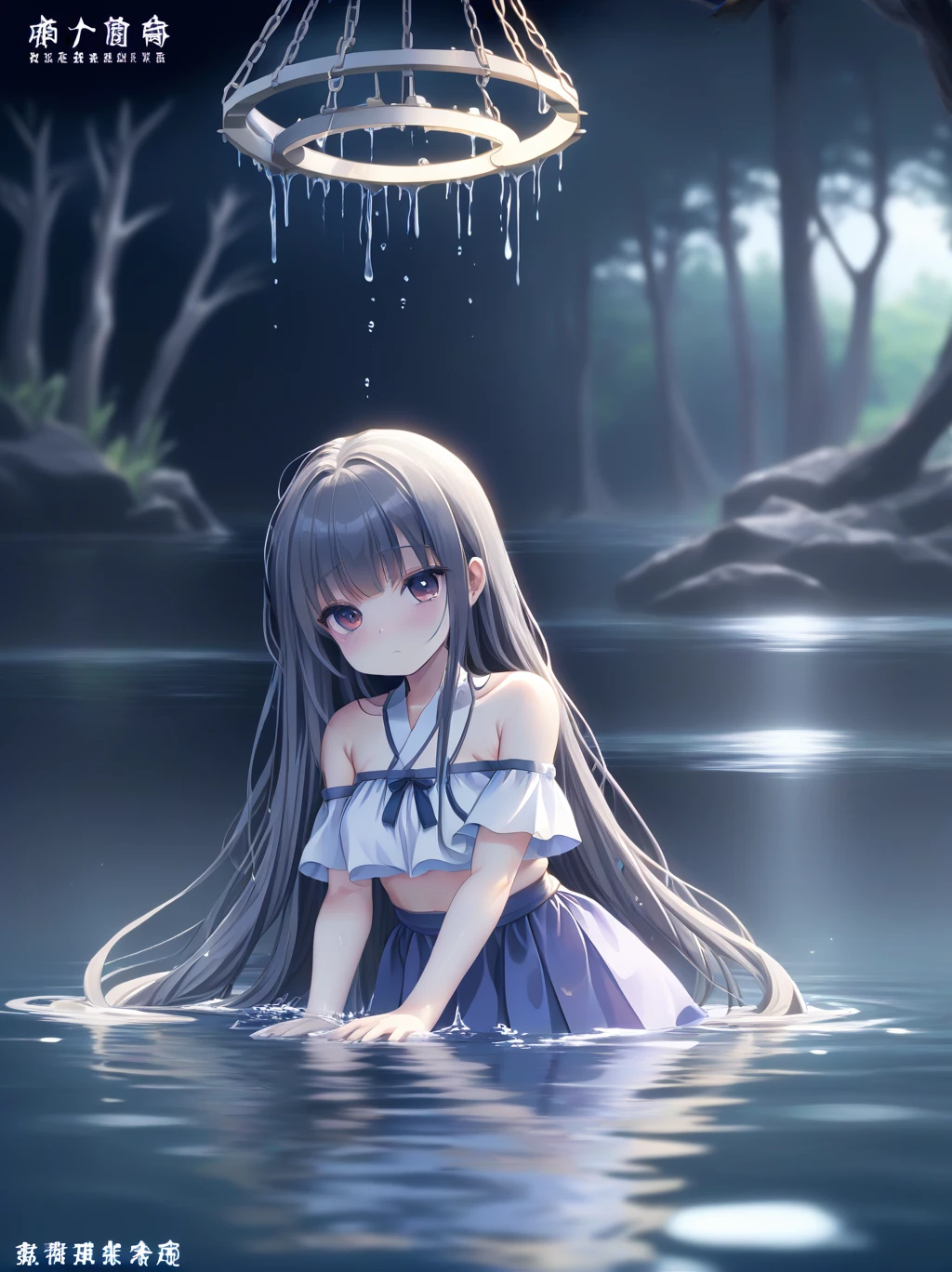  partially underwater, lakeの女神, Long Hair, Wet Hair,
lake,Dark Background, Blurred Edges,8--old、t Chest、skirt、Above the water line from the neck、Corpses in the water, Underwater Photography、浮力でskirtがめくれる、Halo