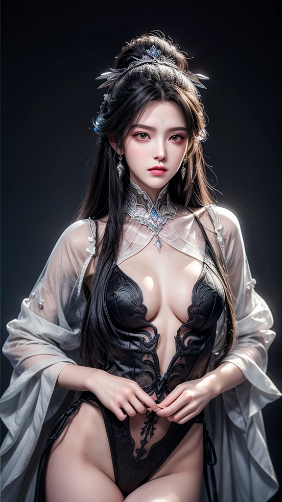 best quality, masterpiece, Medium chest, (Medium breasts), Delicate skin texture, Detailed fabric texture, Delicate face, Super Detail, 8K, Intricate details, 1 Girl, 30 years old, High contrast, High resolution eyes, Black hair goddess,Royal sister,Sexy long legs。