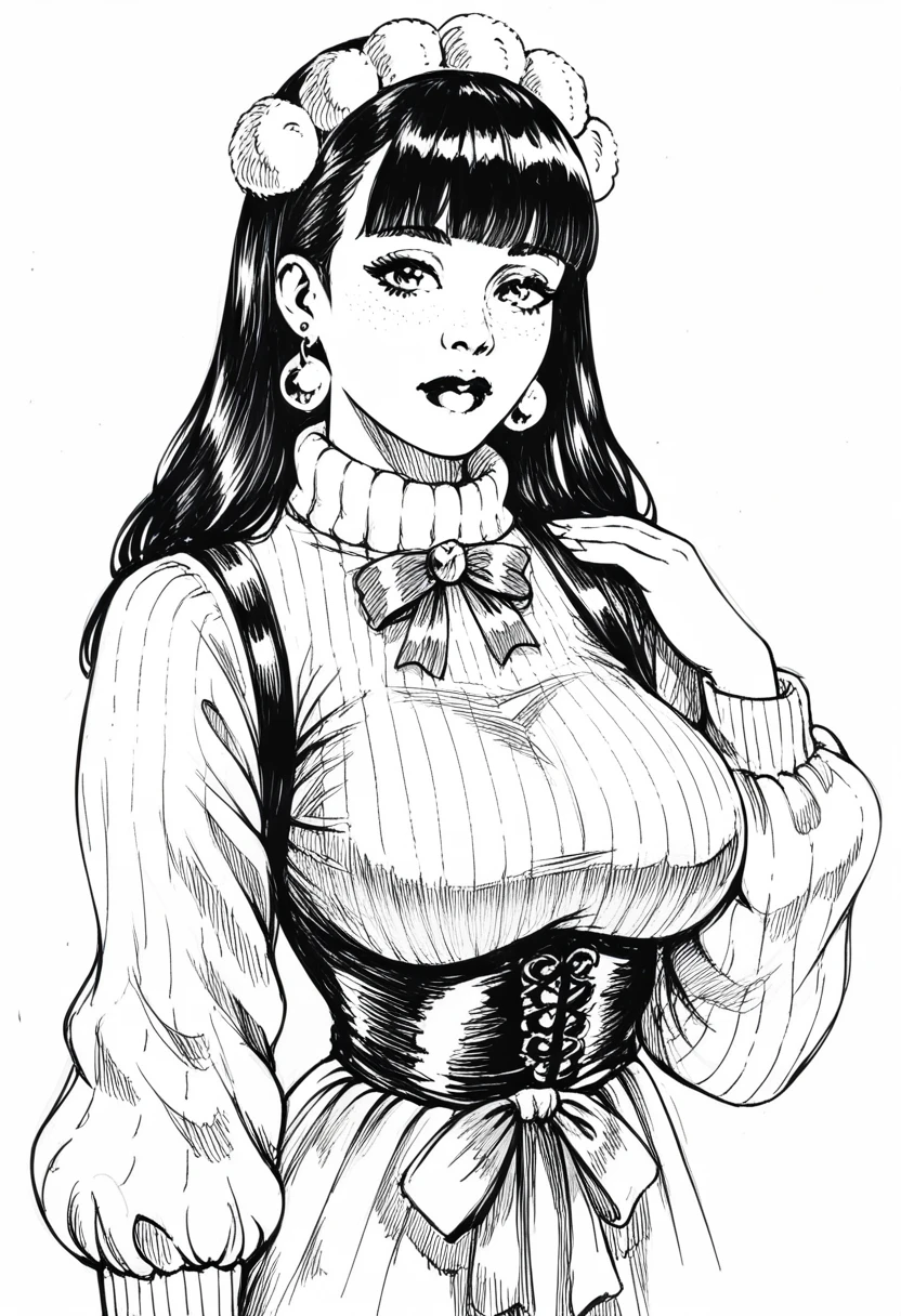 score_9, score_8_up, score_7_up, 1girl, sp1t, abundant detailed hatching shading, monochrome, big breasts, facing viewer, cozy outfit, white background, earring, cute expression, curly hair, blunt bangs