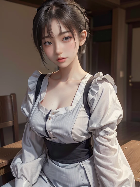 Photo from behind、28 years old,1 Japanese female,((Sit on a chair))((Wearing a grey dirndl skirt))((Her breasts are spilling out of her white shirt.))((Accentuated buttocks))((Accentuates the fit of your small buttocks))(Medium sized breasts),(Beautiful breasts)(Moderately voluptuous body)(Black short bob hair),(Best image quality, (8K), Ultra-realistic, 最high quality, high quality, High resolution, high qualityの質感, Attention to detail, Beautiful details, Fine details, Extremely detailed CG, Detailed Texture, Realistic facial expressions, masterpiece,(Wearing glasses:1.1) (((The upper body is leaning backwards)))(((Accentuates curves from chest to waist)))(((Photograph the whole body)))