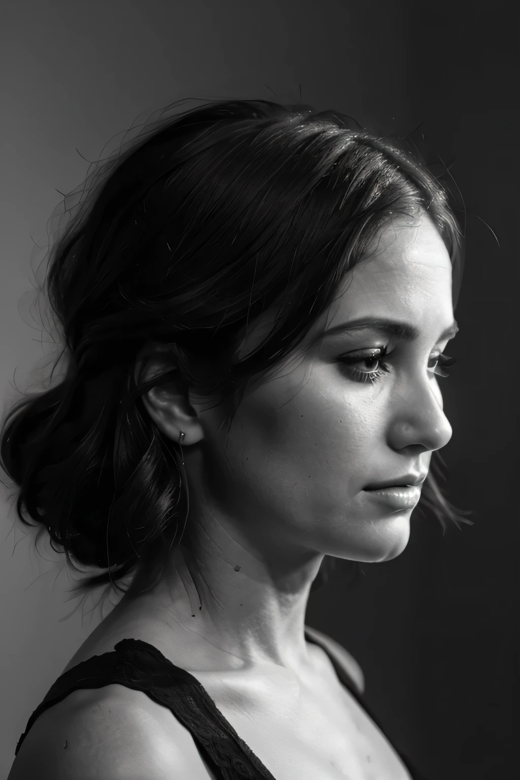 close up of beautiful 35 year old woman's face, sad, side view, black and white, solid background