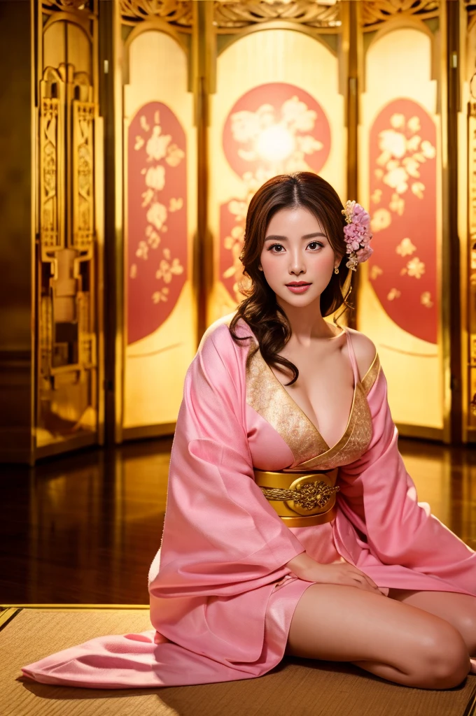 masterpiece, Highest quality,Large Breasts、pink kimono、Cinematic atmosphere、Professional composition、Natural Body、fantasy,sitting in front of a golden screen、flower arrangement、tatami、looking at the camera、real、nature