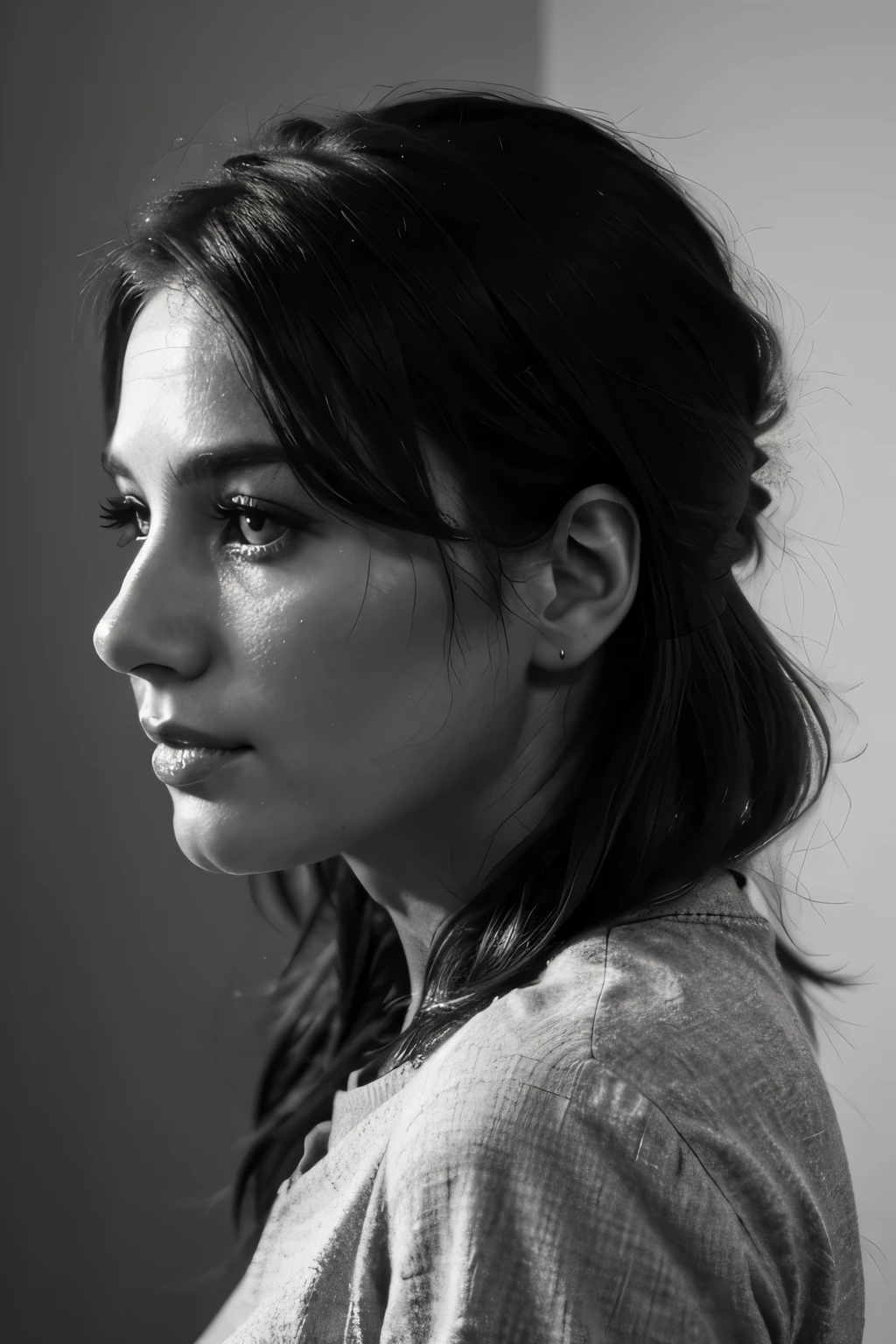 close up of beautiful 35 year old woman's face, sad, side view, black and white, solid background