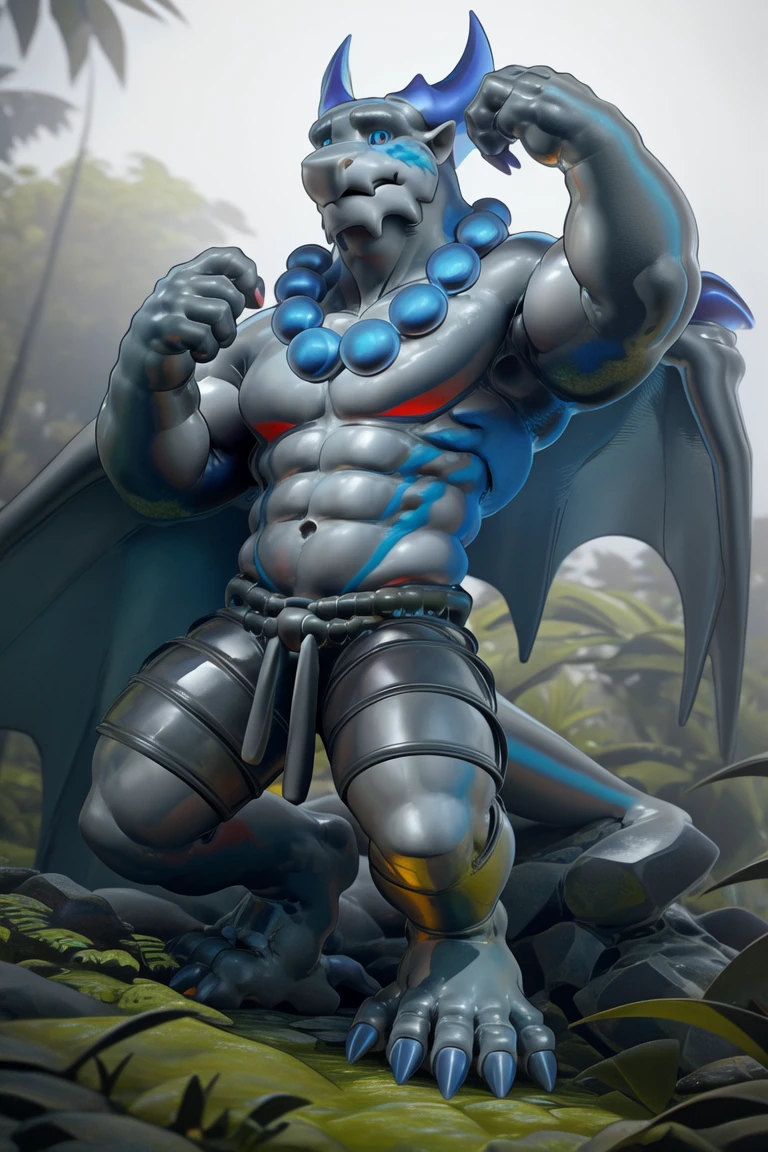 dragon garr,wing,necklace,red_horn,yellow body, (pose:1.3), (posing:1.3), (soft shading), 4k, hi res, five fingers, detailed hands, ((detailed face, (detailed eyes:1.3), detailed)), (full body),(by takahirosi:1.5), solo, looking at viewer, 1boy, jungle, navel, standing, full body, male focus, abs, grass, biceps, flexing, smile,