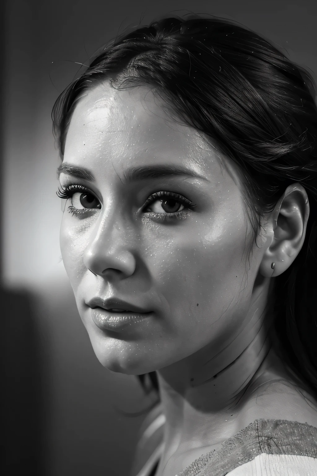 close up of beautiful 35 year old woman's face, sad, side view, black and white, solid background