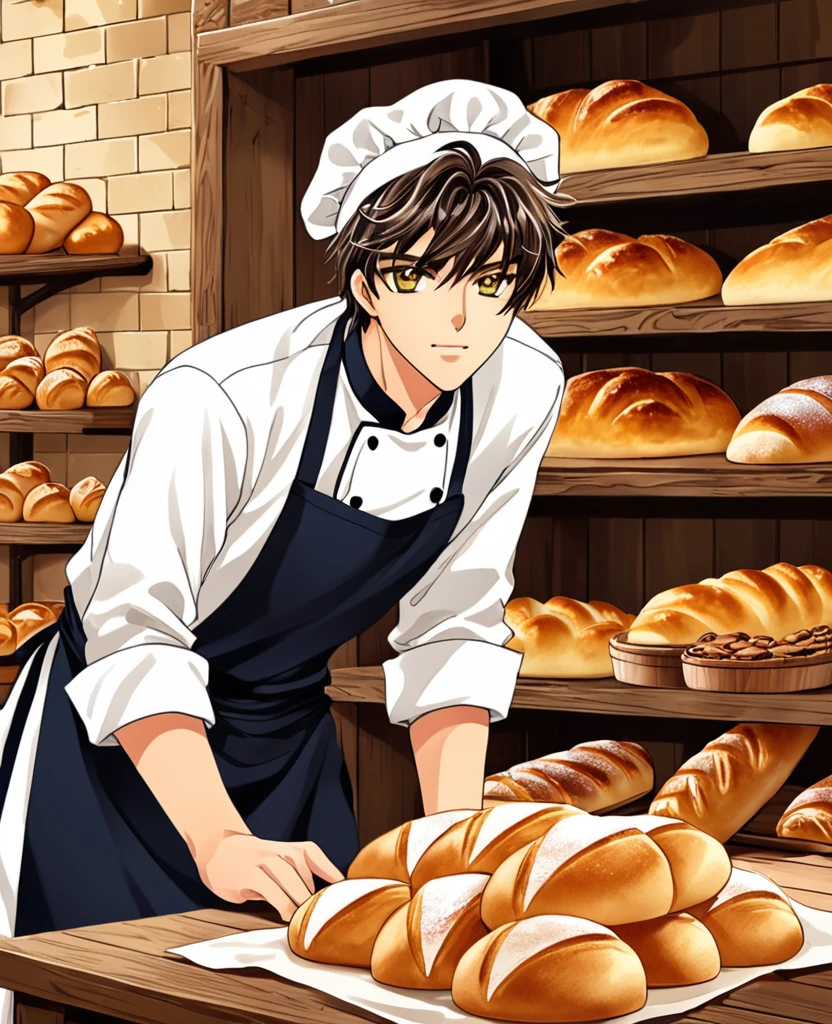 "Create an anime-style close-up artwork of a young boy with detailed, high-quality eyes. He has short, tousled hair and wears a traditional baker's outfit, including an apron and a chef's hat. His eyes should be the focal point, reflecting the warm, golden glow of a cozy bakery filled with freshly baked bread and pastries. The background should hint at the inviting atmosphere, with blurred images of rustic wooden shelves and a brick oven, keeping the focus on his cheerful and hardworking expression."