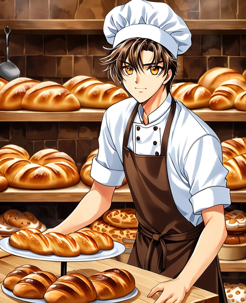 "Create an anime-style close-up artwork of a young boy with detailed, high-quality eyes. He has short, tousled hair and wears a traditional baker's outfit, including an apron and a chef's hat. His eyes should be the focal point, reflecting the warm, golden glow of a cozy bakery filled with freshly baked bread and pastries. The background should hint at the inviting atmosphere, with blurred images of rustic wooden shelves and a brick oven, keeping the focus on his cheerful and hardworking expression."