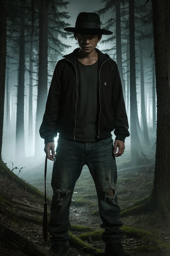 Generate a realistic, horror-themed version of Pokémon protagonist Satoshi Ketchum. Satoshi is depicted as an adult trainer with dark, hollow eyes and a troubled expression. His iconic hat is tattered, his clothes are worn and dirty, and his skin shows battle marks and scars. The background is a dark, eerie forest with twisted trees and thick fog, creating an atmosphere of fear and mystery. Satoshi is holding a Pokéball that emits a faint, sinister light. The overall atmosphere should be creepy and unsettling, blending realism with horror elements. The entire image should be bright and easy to view.