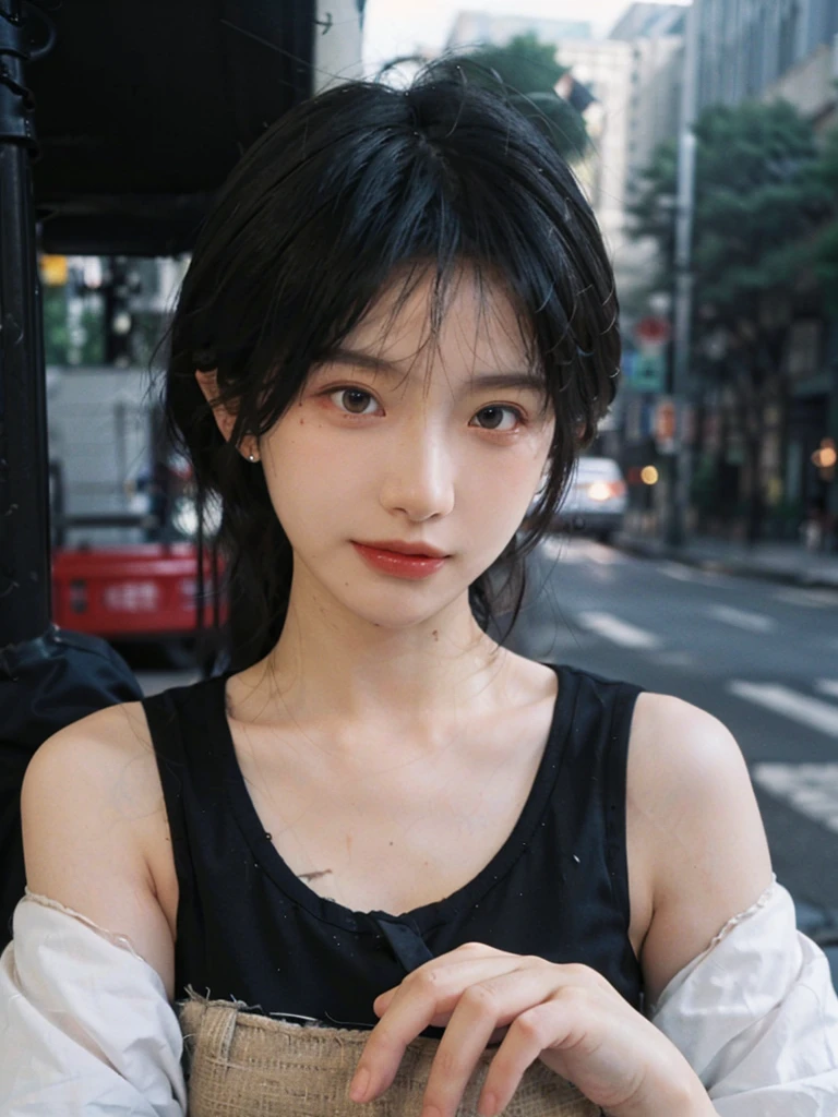 (Skin details:1.4), (smooth skin textures:1.3), (Upper body:1.4),(Upper Body:1.3),(Black clothes:1.4),Lipstick, background, earrings, serene, calm, (Realistic and detailed eyes:1.2), Natural skin texture, Realistic facial details, Soft dramatic lighting, Vivid details, 35 mm film, outdoor, (Photo Practical:1.4), (hyper Practical:1.4), (Practical:1.3), (Smoother lighting:1.05), (Improve lighting quality:0.9), (Highest quality real skin textures:1.4), Exquisite eyes, Delicate face, Close-up of face, (Enhance the beauty of skin texture:1.1),0Normal body proportions, short hair, Moles under the eyes, A faint smile,Portrait Photography, Depth of Field, Bokeh, Surrealism, Ray Tracing, (Portrait Photography:1.1), Surrealism, High Detail, Chiaroscuro, Ray Tracing, reflected light, Ultra HD, Ultra HD, masterpiece, Textured Skin, Super Detail, High Detail, high quality, best quality