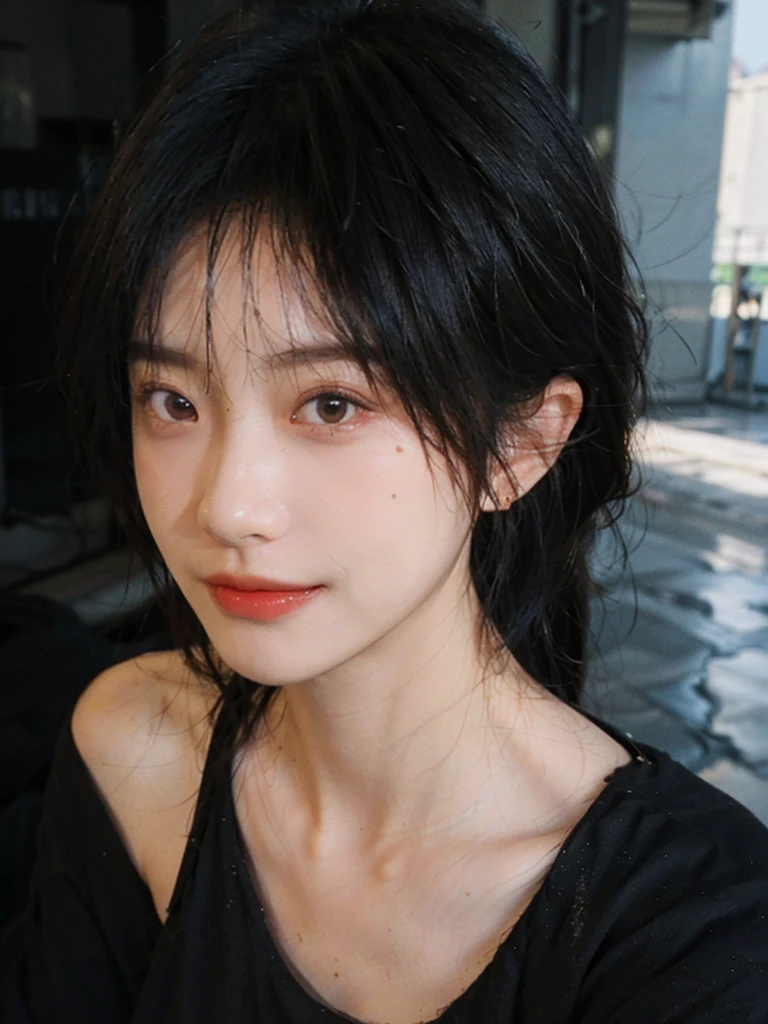 (Skin details:1.4), (smooth skin textures:1.3), (Upper body:1.4),(Upper Body:1.3),(Black clothes:1.4),Lipstick, background, earrings, serene, calm, (Realistic and detailed eyes:1.2), Natural skin texture, Realistic facial details, Soft dramatic lighting, Vivid details, 35 mm film, outdoor, (Photo Practical:1.4), (hyper Practical:1.4), (Practical:1.3), (Smoother lighting:1.05), (Improve lighting quality:0.9), (Highest quality real skin textures:1.4), Exquisite eyes, Delicate face, Close-up of face, (Enhance the beauty of skin texture:1.1),0Normal body proportions, short hair, Moles under the eyes, A faint smile,Portrait Photography, Depth of Field, Bokeh, Surrealism, Ray Tracing, (Portrait Photography:1.1), Surrealism, High Detail, Chiaroscuro, Ray Tracing, reflected light, Ultra HD, Ultra HD, masterpiece, Textured Skin, Super Detail, High Detail, high quality, best quality