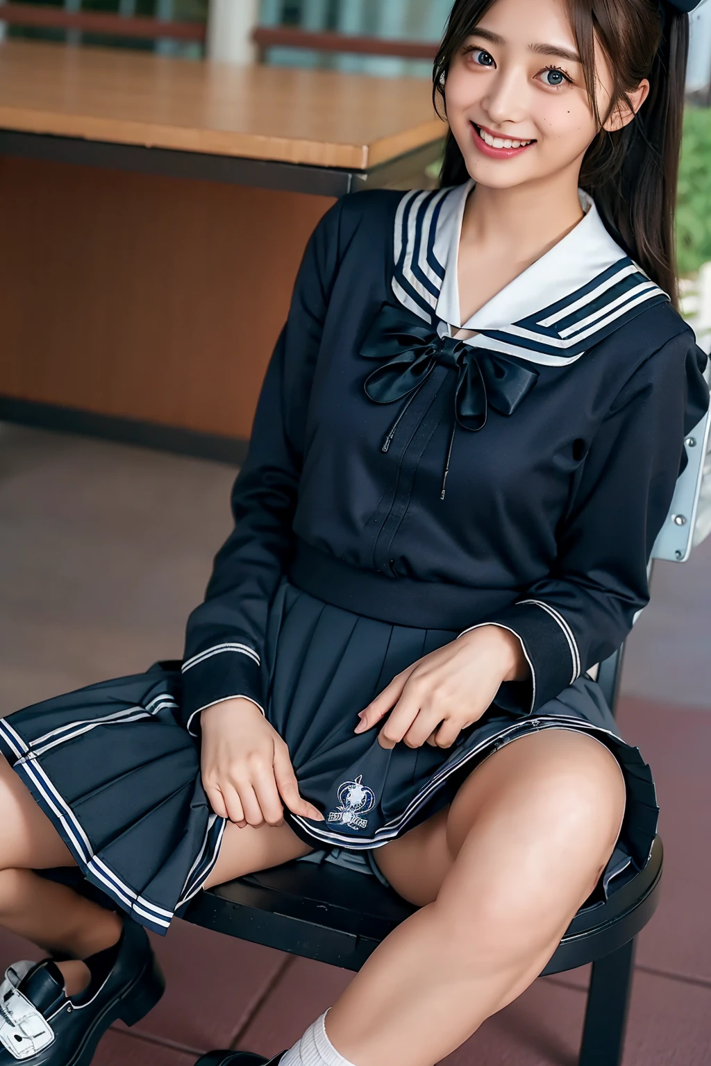 ((highest quality、8k、masterpiece:1.3)),((((cowboy shot)))),Ultra-high resolution,big eyes,Japanese,bangs,(a girl),(1 girl),20 years old,((facing at viewer)),(long hair),(((black sailor uniform))),grin,((sitting on chair)),((platform shoes)),(pleated mini skirt),((pussy)),((skirt lift))
