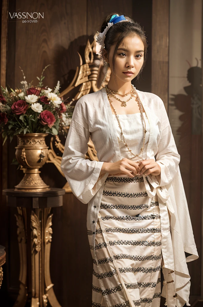 a woman in a white and gold dress standing next to a vase of flowers, sukhothai costume, wearing an ornate outfit, traditional dress, traditional beauty, wearing ornate clothing, traditional, traditional clothing, traditional clothes, traditional costume, royal dress, imperial royal elegant clothing, ornate attire, royal gown, south east asian with long, wearing traditional garbThis is a description of an image that shows a stunning Myanmar girl with a round jaw and a circular face. Her hair is white and her eyes are brown, and she has thanakhar, a traditional cosmetic paste, on her face. She is wearing a dark shot masterpiece, a type of high-quality clothing. The image captures the full body details of the girl's beauty with multicolored hair, hair over shoulder, snake pupils, sad, closed mouth, chin grab, cinematic lighting, blending, panorama, atmospheric perspective, Ultra-Wide Angle, Canon, anatomically correct, textured skin, award winning, highres.HDR 50+. The image is a remarkable example of photography and artistry. The girl's expression and posture convey a sense of melancholy and mystery. The contrast between her white hair and dark clothing creates a striking visual effect. The multicolored hair adds a touch of fantasy and creativity to the image. The snake pupils suggest that the girl has some supernatural or exotic origin. The cinematic lighting and blending create a dramatic and realistic atmosphere. The panorama and atmospheric perspective show the vastness and depth of the background. The Ultra-Wide Angle lens and Canon camera produce a sharp and high-quality image. The anatomically correct proportions and textured skin make the girl look lifelike and natural. The image is worthy of being an award winning and highres.HDR 50+ masterpiece.