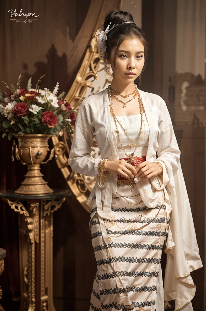 a woman in a white and gold dress standing next to a vase of flowers, sukhothai costume, wearing an ornate outfit, traditional dress, traditional beauty, wearing ornate clothing, traditional, traditional clothing, traditional clothes, traditional costume, royal dress, imperial royal elegant clothing, ornate attire, royal gown, south east asian with long, wearing traditional garbThis is a description of an image that shows a stunning Myanmar girl with a round jaw and a circular face. Her hair is white and her eyes are brown, and she has thanakhar, a traditional cosmetic paste, on her face. She is wearing a dark shot masterpiece, a type of high-quality clothing. The image captures the full body details of the girl's beauty with multicolored hair, hair over shoulder, snake pupils, sad, closed mouth, chin grab, cinematic lighting, blending, panorama, atmospheric perspective, Ultra-Wide Angle, Canon, anatomically correct, textured skin, award winning, highres.HDR 50+. The image is a remarkable example of photography and artistry. The girl's expression and posture convey a sense of melancholy and mystery. The contrast between her white hair and dark clothing creates a striking visual effect. The multicolored hair adds a touch of fantasy and creativity to the image. The snake pupils suggest that the girl has some supernatural or exotic origin. The cinematic lighting and blending create a dramatic and realistic atmosphere. The panorama and atmospheric perspective show the vastness and depth of the background. The Ultra-Wide Angle lens and Canon camera produce a sharp and high-quality image. The anatomically correct proportions and textured skin make the girl look lifelike and natural. The image is worthy of being an award winning and highres.HDR 50+ masterpiece.