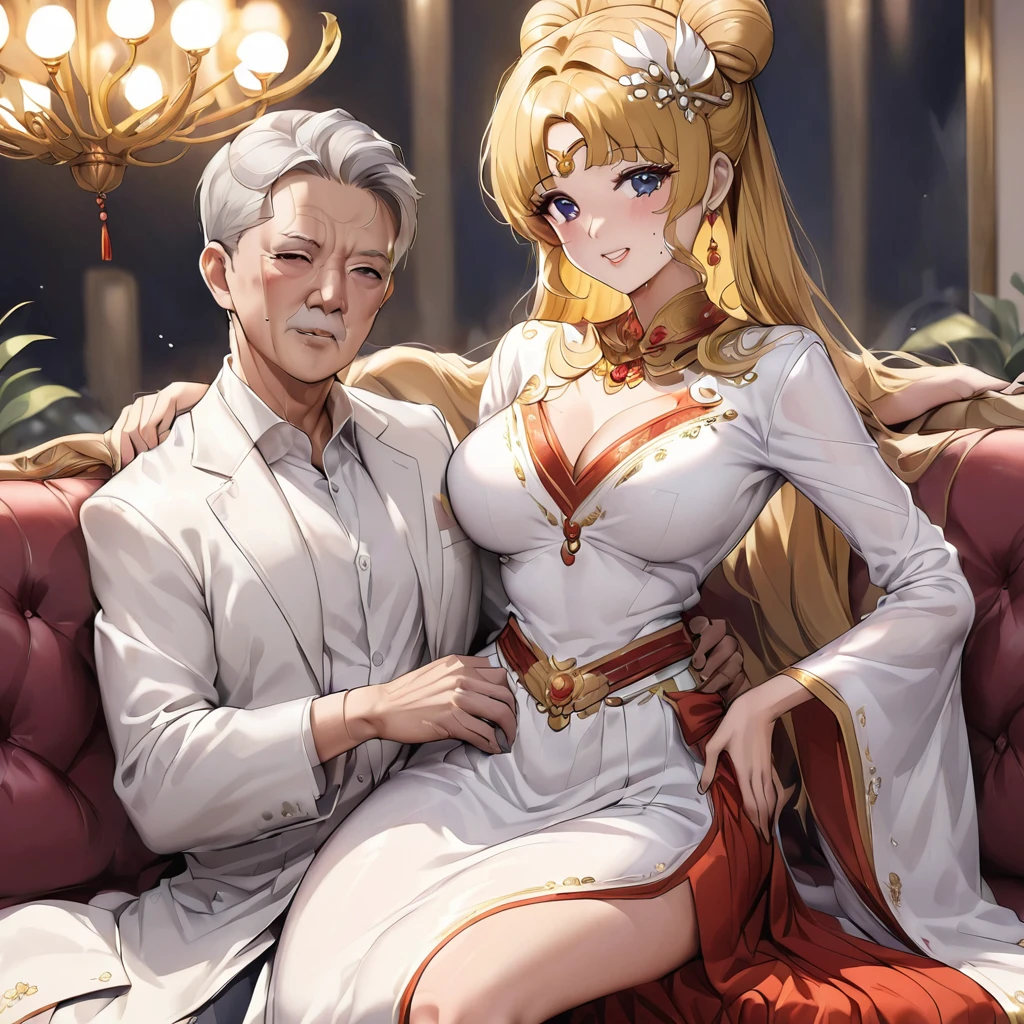 ((Highest quality)), ((masterpiece)), (detailed), (Perfect Face)、The woman is being held by her beautiful, grown-up Vietnamese daughter.、Mother and daughter、The woman is Vietnamese Tsukino Usagi, wearing a gorgeous and glittering ao dai, a traditional Vietnamese dress with gold embroidery, a gorgeous hair ornament, gorgeous jeweled accessories and an engagement ring. The man and woman are sitting on a luxurious, large sofa in a luxurious room, and the woman is being held in the arms of a dignified and sturdy middle-aged Vietnamese man dressed in Vietnamese national dress.、The woman is the elegant Tsukino Usagi, a Vietnamese girl with long blonde hair in a chignon twin tail and wearing an ao dai.、The man is a dignified and sturdy middle-aged Vietnamese man wearing Vietnamese national costume.