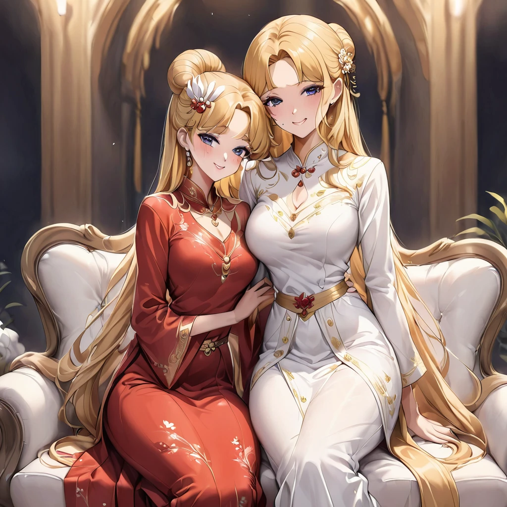 Two beautiful women with long braided red hair and mid wavy blond hair, respectivetly, with green eyes wearing a Mock Neck Cut Out Dress, Sexy Criss Cross Mock Neck ((Mid Sleeves)) Dress, ((luxurious jewelry)), standing in a fitting room, hugging closely and kissing each other (white skin), (red lipstick), (elegant mascara), (muscular body with abs), (small breasts) midjourney, <lora:GoodHands-, <lora:GoodLegs-, UHD, high resolution, (masterpiece:1.1, best quality), (expressive eyes, perfect face, full body, expressive face, perfect body, athletic, fit, slim body, blushing, Perfect makeup, eyeliner, beautiful eyelashes, smiling, horny face), ((Beige dress)), ((Grey dress)), ((Tight dress)), ((best illumination, best shadows)), ((lesbian kiss))