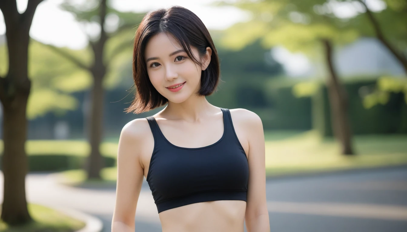 8K, Ultra-high resolution, Highest quality, masterpiece, 三分割法によるphotograph,Surreal, photograph, 1 Girl, (Age 25:1.3), pretty girl, Cute face, Beautiful eyes in every detail, 細かくdetailedに,masterpiece,, One Girl:1.2, Japan Female Announcer,Young Wife,Close Up,Outdoor,street tree,Asahi,Jogging Wear,Sports Bra,Shorts,Feel-good sweat,A refreshing smile,Black Hair,Short Bob,(((Ideal body type))),A-cup small breasts :2,、Portraiture:2、Perfect Anatomy、鮮明なdetailed、detailed、Surreal、Light and shadow,Strong light