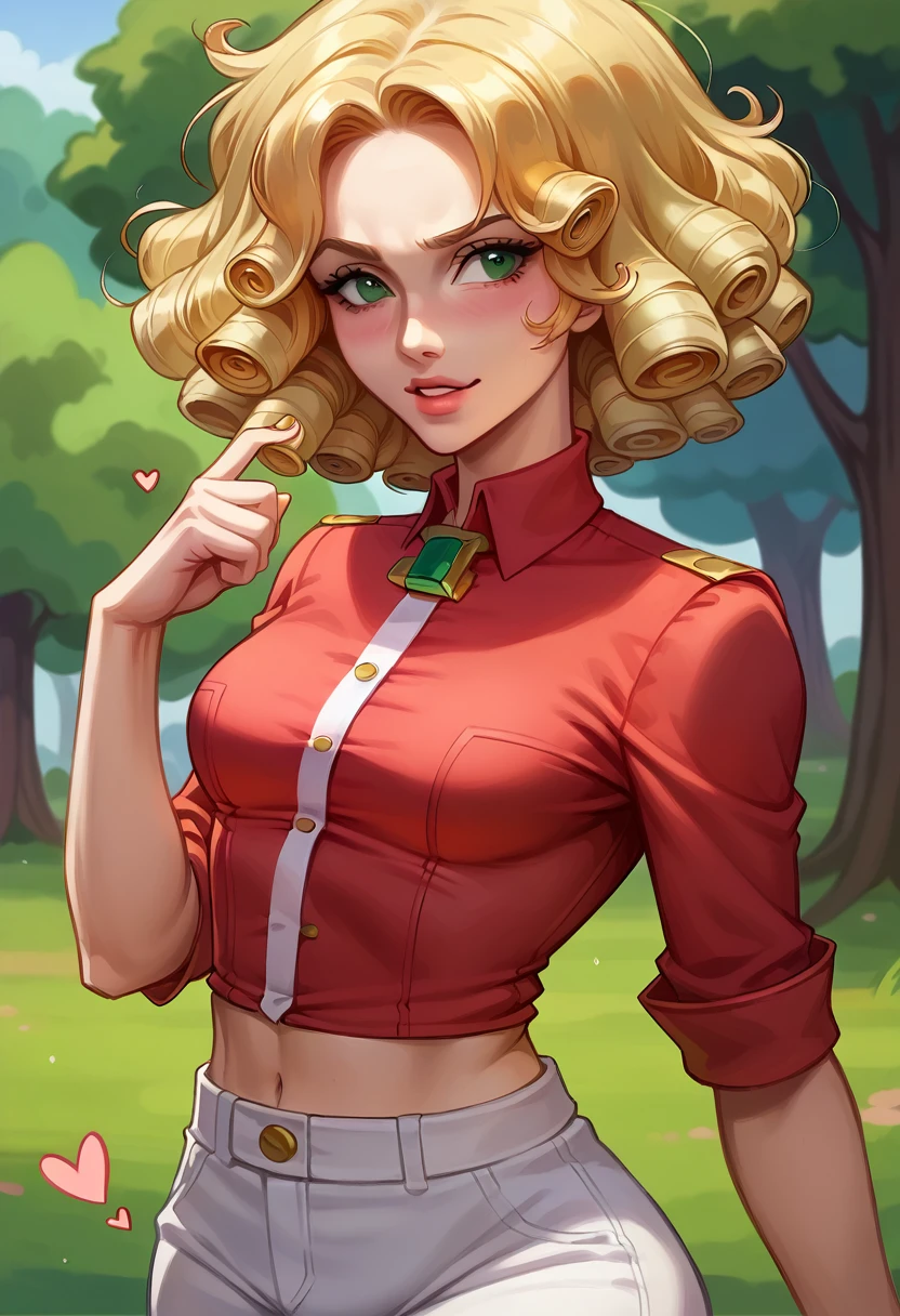 young woman, 20 years old, curly blonde hair cascading down her shoulders in tight ringlets, emerald green eyes shining brightly,  figure with a slender build and a thin waist, dressed in a tight white pants that hugged her curves and a red blouse that accentuated her small, pert breasts. The image exudes a high-quality, masterpiece finish with a stunning level of detail and realistic textures. The lighting is cinematic, illuminating her features in a soft, flattering glow. Her hair is intricately detailed, each curl rendered with care and precision. The red blouse clings to her body, revealing a hint of her midriff and the