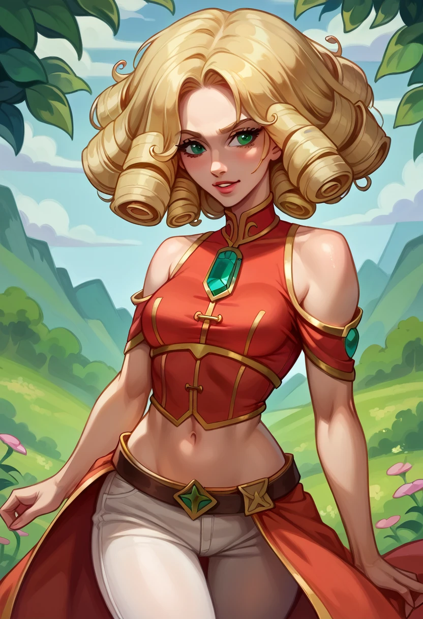 young woman, 20 years old, curly blonde hair cascading down her shoulders in tight ringlets, emerald green eyes shining brightly,  figure with a slender build and a thin waist, dressed in a tight white pants that hugged her curves and a red blouse that accentuated her small, pert breasts. The image exudes a high-quality, masterpiece finish with a stunning level of detail and realistic textures. The lighting is cinematic, illuminating her features in a soft, flattering glow. Her hair is intricately detailed, each curl rendered with care and precision. The red blouse clings to her body, revealing a hint of her midriff and the