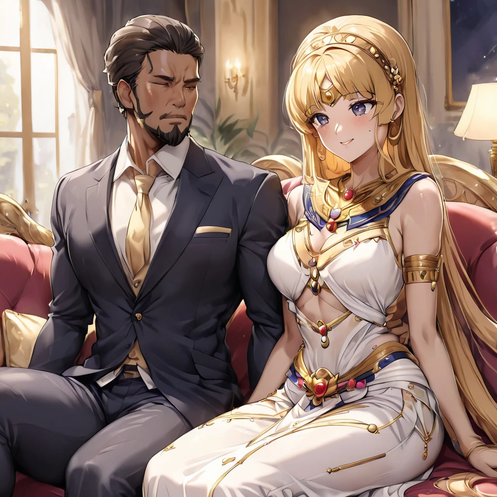 ((Highest quality)), ((masterpiece)), (detailed), （Perfect Face）、The woman is being embraced by a beautiful, grown-up Egyptian girl.、Mother and daughter、The woman is an Egyptian named Tsukino Usagi with vivid brown skin, and is wearing a gorgeous, glittering Egyptian traditional dress with gold embroidery, a gorgeous hijab, gorgeous jeweled accessories and an engagement ring in a luxurious Egyptian mansion. The woman and the man are sitting on a luxurious, large sofa in the luxurious room, and the woman is being held in the arms of a dignified, muscular, bearded middle-aged man wearing Egyptian traditional dress.、The woman is the elegant Tsukino Usagi, with long blonde hair in a chignon twin tail. The woman is an Egyptian with vivid brown skin and wearing Egyptian clothing.、（The woman is the dark-skinned Egyptian Tsukino Usagi.）、The man is a dignified, muscular, bearded, middle-aged Egyptian man wearing traditional Egyptian clothing.