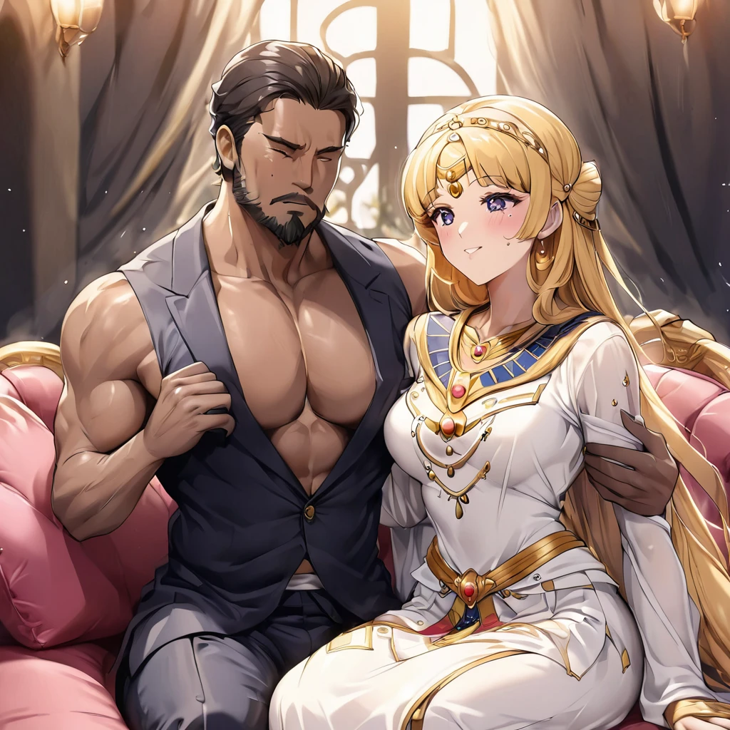 ((Highest quality)), ((masterpiece)), (detailed), (Perfect Face)、The woman is being embraced by a beautiful, grown-up Egyptian girl.、Mother and daughter、The woman is an Egyptian named Tsukino Usagi with vivid brown skin, and is wearing a gorgeous, glittering Egyptian traditional dress with gold embroidery, a gorgeous hijab, gorgeous jeweled accessories and an engagement ring in a luxurious Egyptian mansion. The woman and the man are sitting on a luxurious, large sofa in the luxurious room, and the woman is being held in the arms of a dignified, muscular, bearded middle-aged man wearing Egyptian traditional dress.、The woman is the elegant Tsukino Usagi, with long blonde hair in a chignon twin tail. The woman is an Egyptian with vivid brown skin and wearing Egyptian clothing.、(The woman is the dark-skinned Egyptian Tsukino Usagi.)、The man is a dignified, muscular, bearded, middle-aged Egyptian man wearing traditional Egyptian clothing.