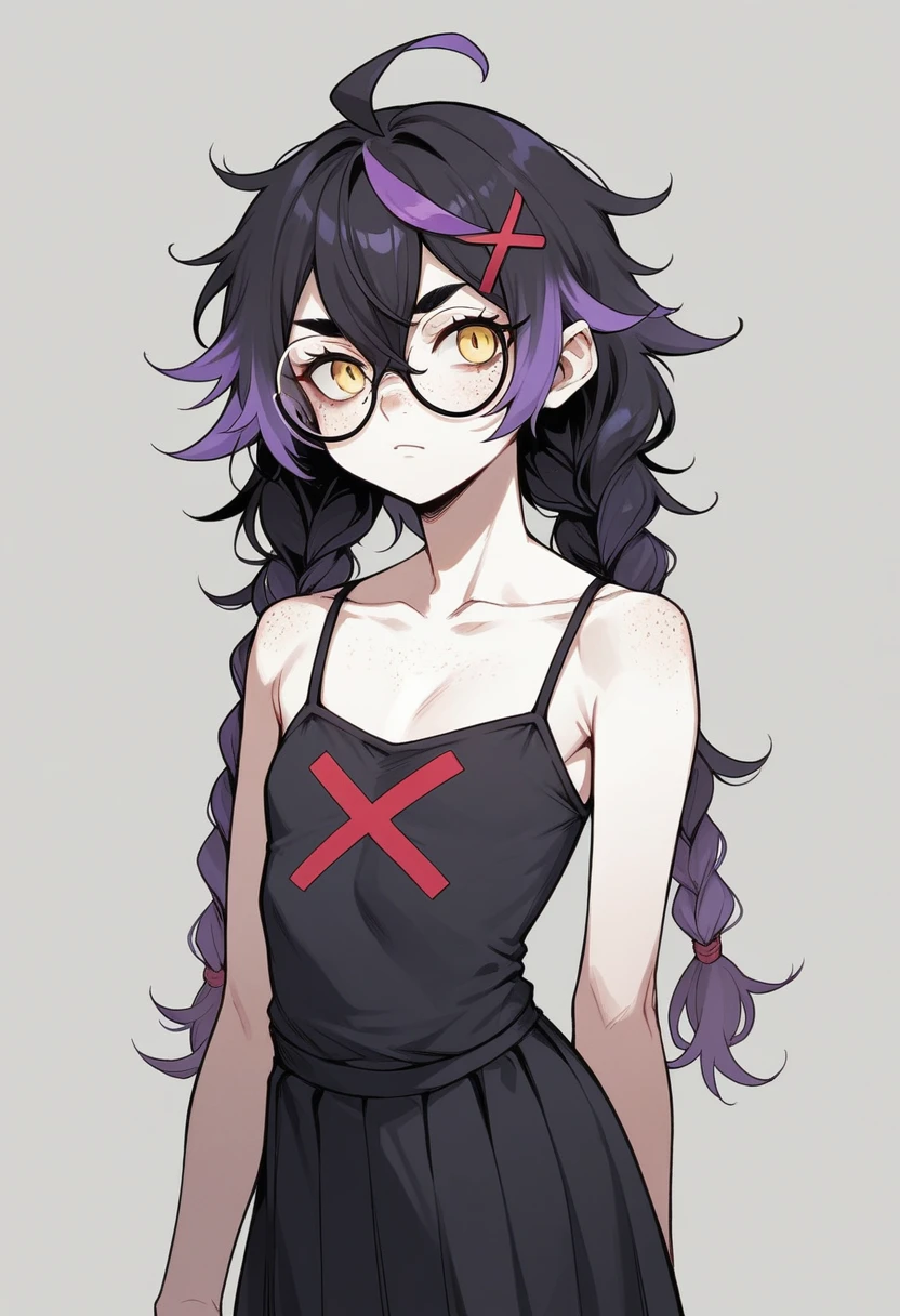 masterpiece, best quality, perfect anatomy, solo, 1girl,  black hair, purple highlights, yellow eyes, demon eyes, pale skin, long hair, messy hair, short eyebrows, hair between eyes, twin braids, freckles, round eyewear, opaque glasses, ahoge, flat chest, X hair ornament, spaghetti strap top, coke-bottle glasses, black skirt, absurdres, 
