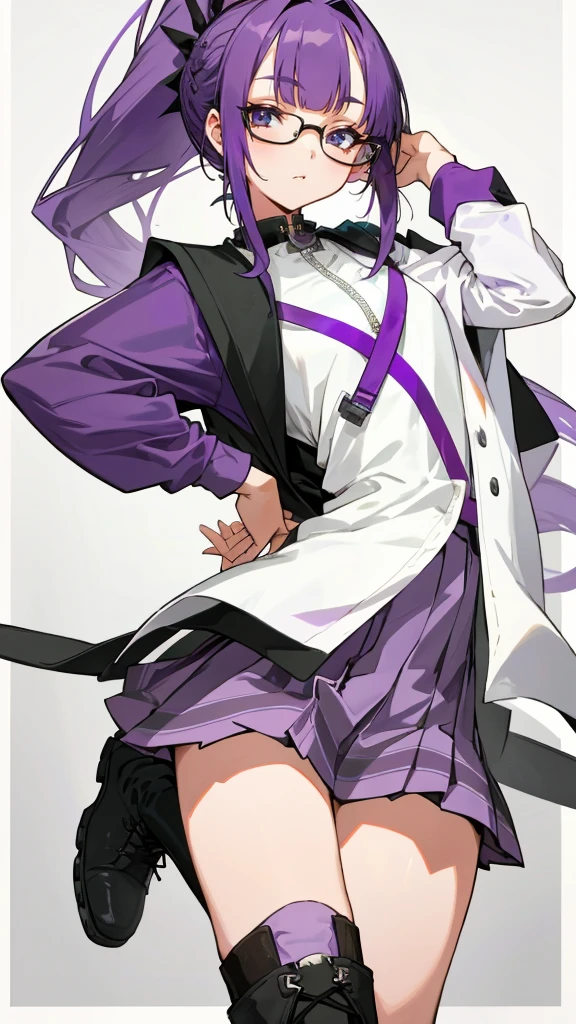 best quality, masterpiece, 4k, One woman, Purple hair, long ponytail, long bangs, purple eyes, forehead showing, wearing glasses, smiling a little, cool vibes,
rock fashion, pleated skirt, long boots, doctor's white gown