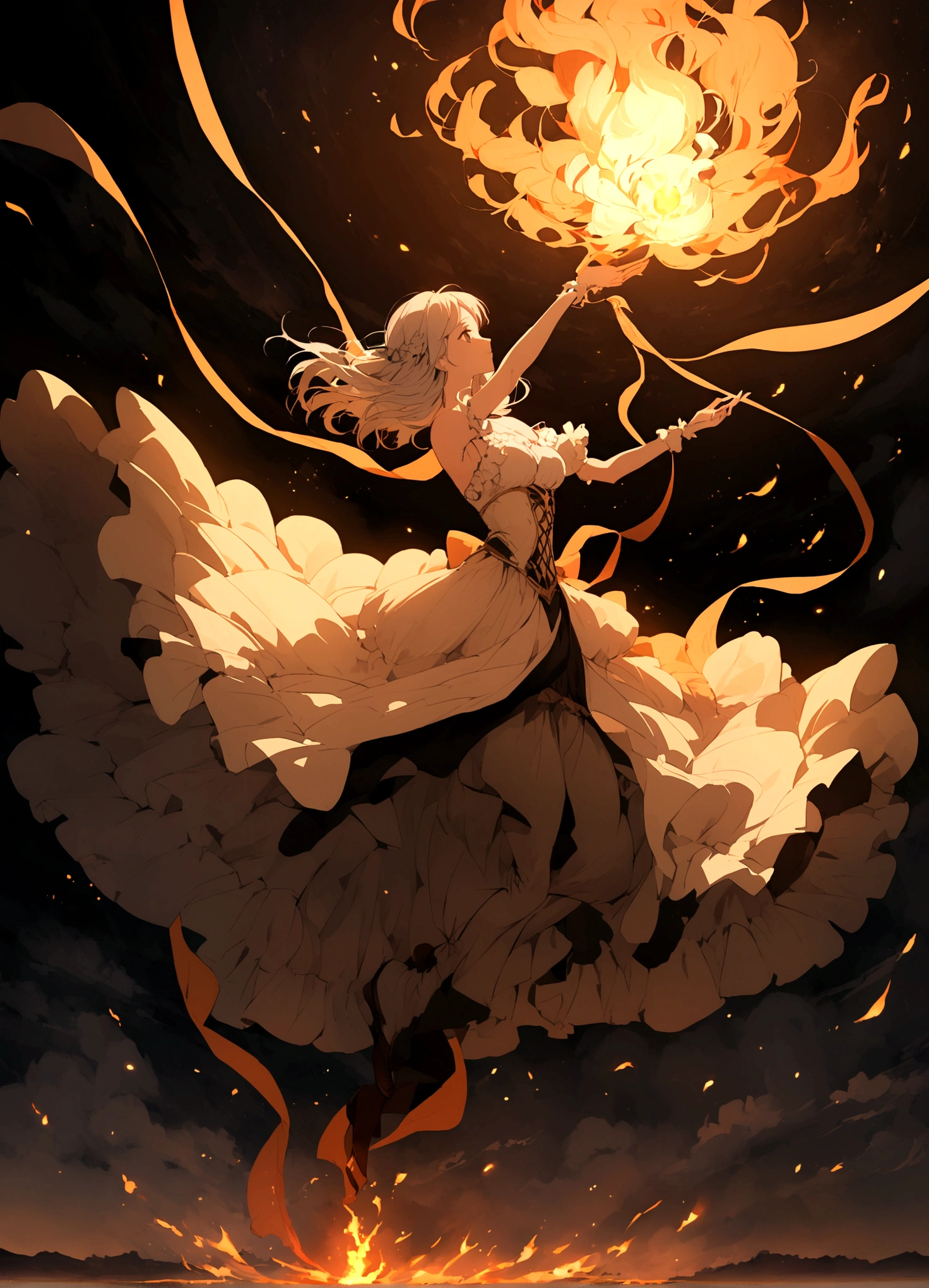 beautiful anime woman mit braunen Haaren floats in the air and conjures fire. Full body view