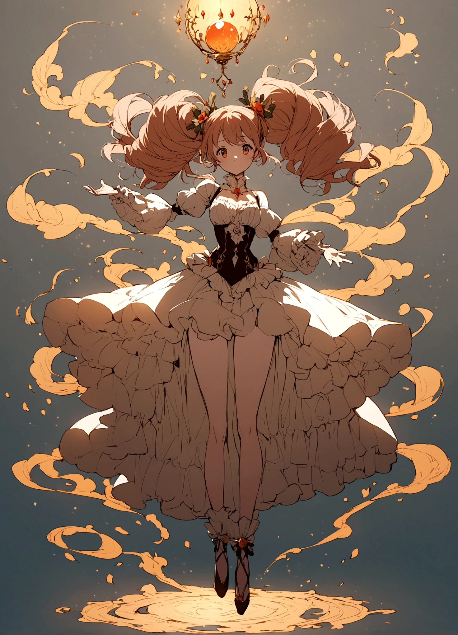 beautiful anime woman mit braunen Haaren floats in the air and conjures fire. Full body view
