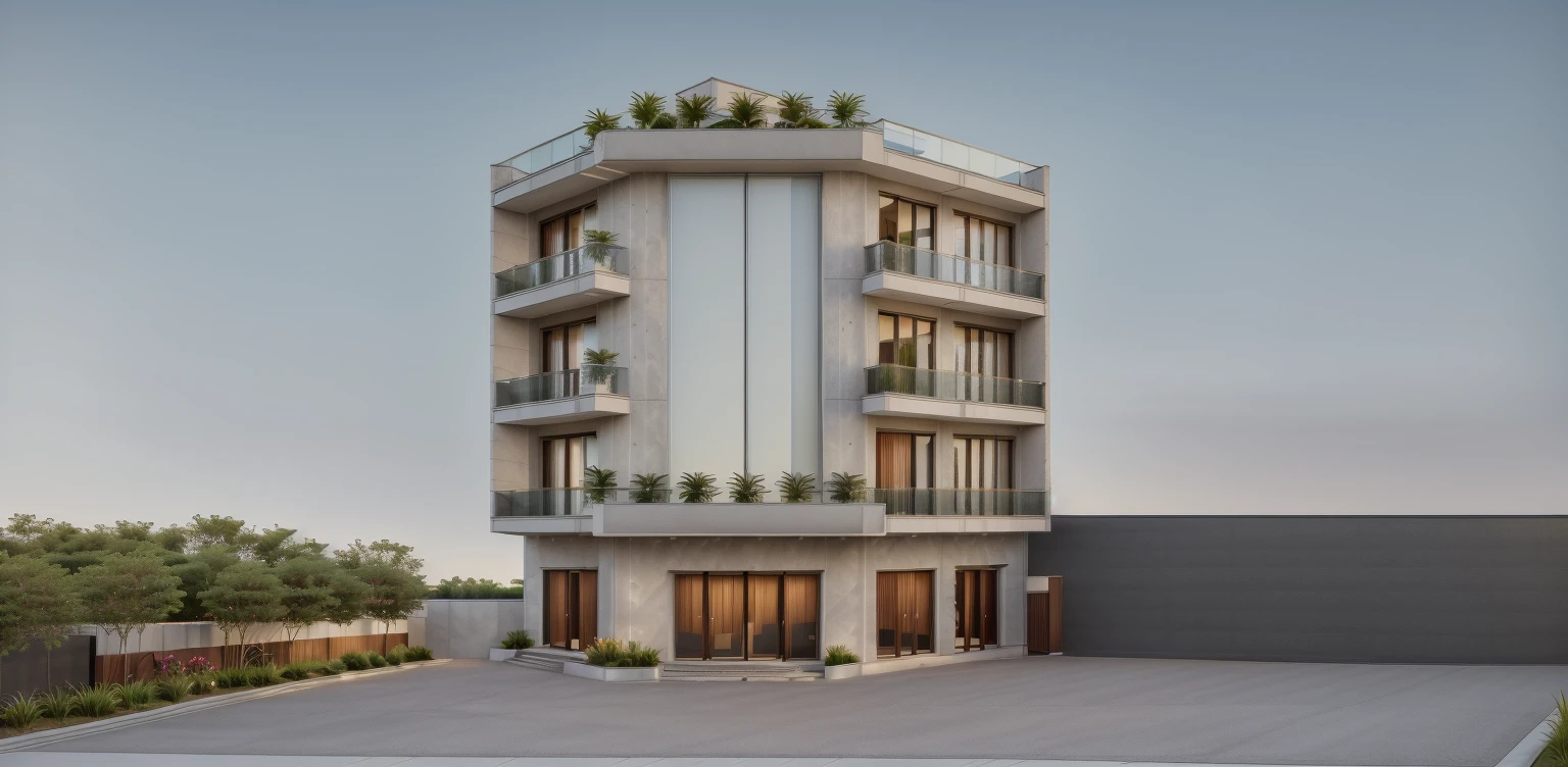 The 2-front corner townhouse has a glass railing balcony, the residential area around the townhouse has different heights and has natural light. There are flower beds, trees, and an asphalt intersection for cars