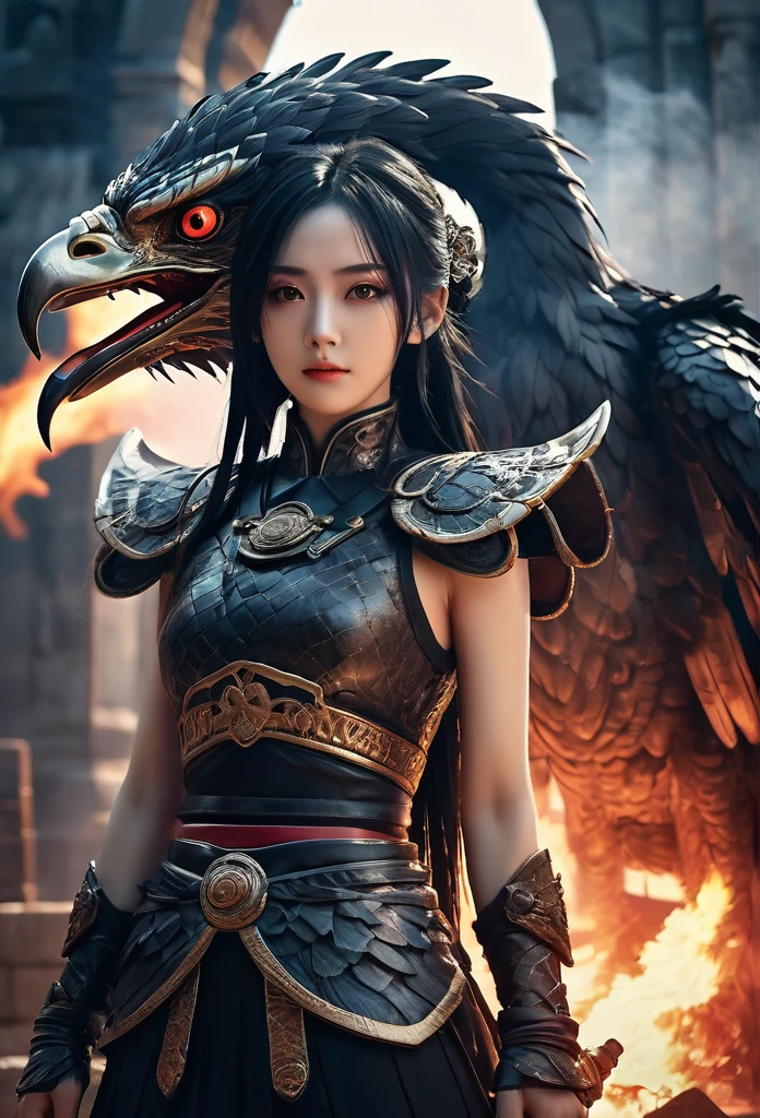 a blood girl, and a huge fire eagle, made of smoke, wearing a warrior outfit complete with armor floating around the ruins of an ancient temple, inspired by Japanese gods, carrying a huge divine sword, temple background, Japan, dark, horror vibes, gothic, smoke, fire, big add some big snakes in the back, Japanese mythical gods, evil smile, crazy eyes, eye patch, fuji colors, high detail, high quality, accurate