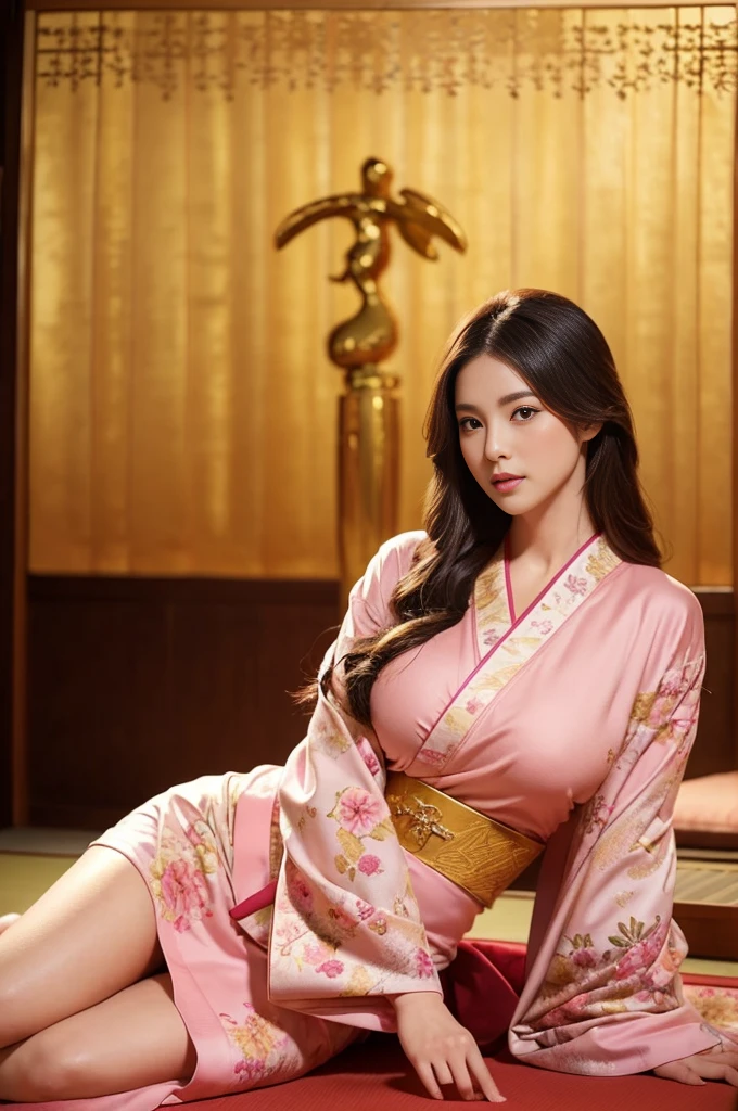 masterpiece, Highest quality,Large Breasts、pink kimono、Cinematic atmosphere、Professional composition、Natural Body、fantasy,sitting in front of a golden screen、flower arrangement、tatami、looking at the camera、real、nature