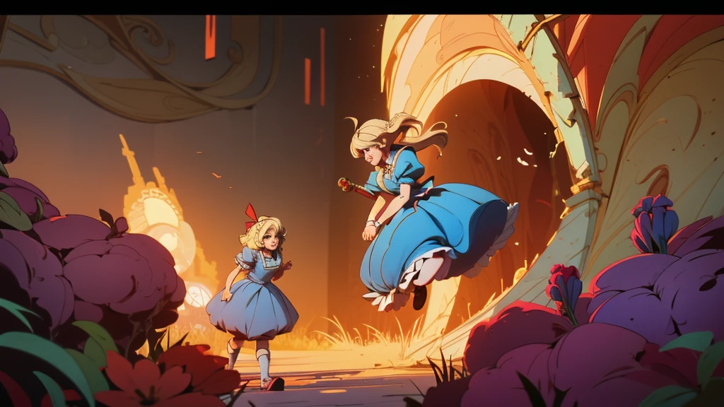 make an illustration of Alice from the movie "Alice in Wonderland" falling down the rabbit hole blonde alice