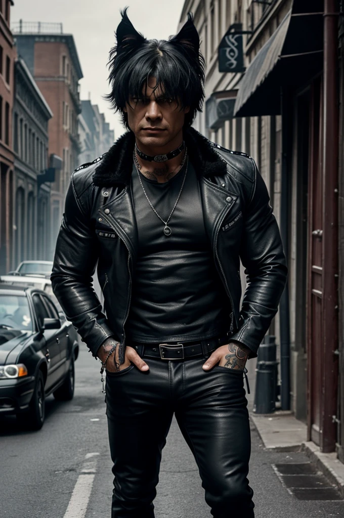 solo, anthro (cane corso), cropped ears, long tail, black fur, detailed blye eyes, spiked collar, sweat, heavy breathing, correct anatomy, initmidating, biceps, (muscular), tattoo, veins all over the body, (Black leather jacket), street background and parked antique cars, scary, dark shadows