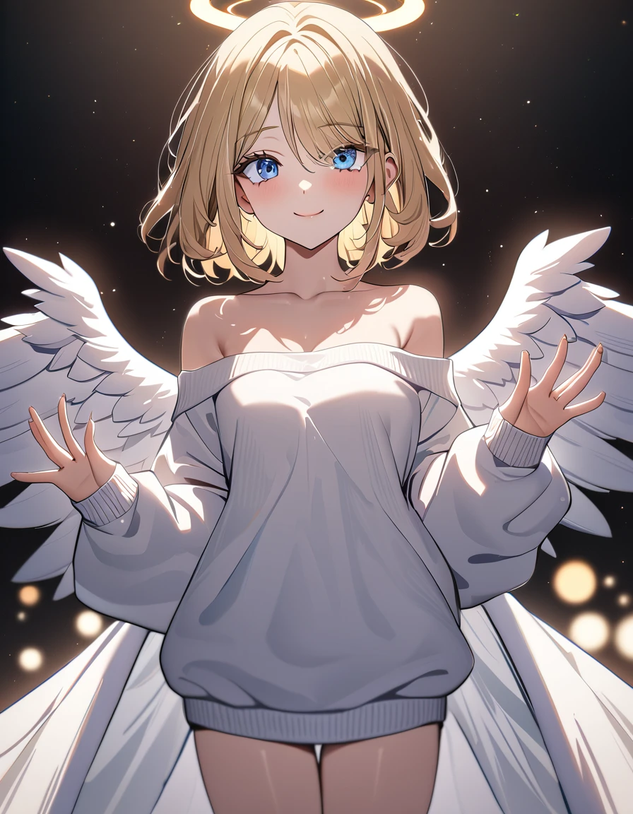 (((One girl))), (((cowboy shot))), ((flying)), ((angel, big big white wings:1.2, halo:1.3)), Uriel, ((wavy hair, outward curled hair)), evening, Sunset, ((blond hair, bob cut:1.3)), breasts, teenager, (looking at viewer), oversized clothes, puffy long sleeves, collarbone, ((off-shoulder sweater dress:1.3, Quite thick shoulder straps)), (((sleeves past wrists:1.3))), ((white sweater)), collarbone, head tilt:1.3, (((blue eye))), ((happy smile)), (((anime style))), (best quality, 4K, 8K, highres, masterpiece:1.2, ultra-detailed, ultra-detailed eyes, HDR, uhd, studio lighting, ultra-fine painting, sharp focus, physically-based rendering, extreme detail description, professional, vivid colors, bokeh), ((Highest quality, Best image quality, Ultra-high resolution, Ultra-high resolution, solo, Strong eye highlights)), Depth of written boundary, Natural soft light, attractive, Beautiful Face, Cleanliness, Pure Face, medium chest, Beautiful Face, Perfect Fingers, Perfect hands, Perfect body, Perfect Face, Shine a light into your eyes, Perfect Anatomy