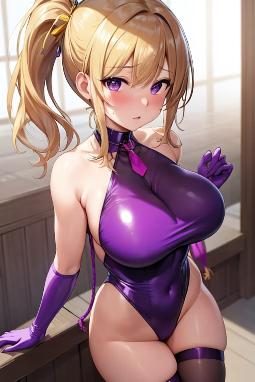 masterpiece, (Highest quality), 1 female,1 Girl,1 boy,,Kawakami_May, Blonde, Hair length, Side Ponytail, Purple eyes,Tie your chest with a rope,Tie with rope,縄でConstraintsされる,Purple leotard, Purple Shiny Leotard, Purple rubber suit, Mole under the eye,Sexy Woman, Embarrassing,blush, Bright colors,,Natural soft light,RTTX 10.0, , Beautiful poop, (Detailed face:1.2), Showcase, (Perfect Eyes:1.1) ,(Photorealistic:1.1), 8K Ultra HD, Looking at the audience, Outside the house, Simple Background,Big Breasts, A chest that&#39;s about to burst, Sweaty, Sweaty, Show one&#39;s side,縄でConstraintsされる,縄でConstraintsされた,荒縄でConstraints,Constraints