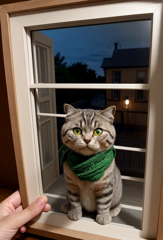 Sitting by the window at the owner's house、Wearing a green scarf and holding a photo frame、Anthropomorphic Scottish Fold cat「Lily」。The background is a quiet town at dusk。Lilyはメランコリックな表情で窓の外を見つめている。The scene is depicted in 3D, Pixar character style.。