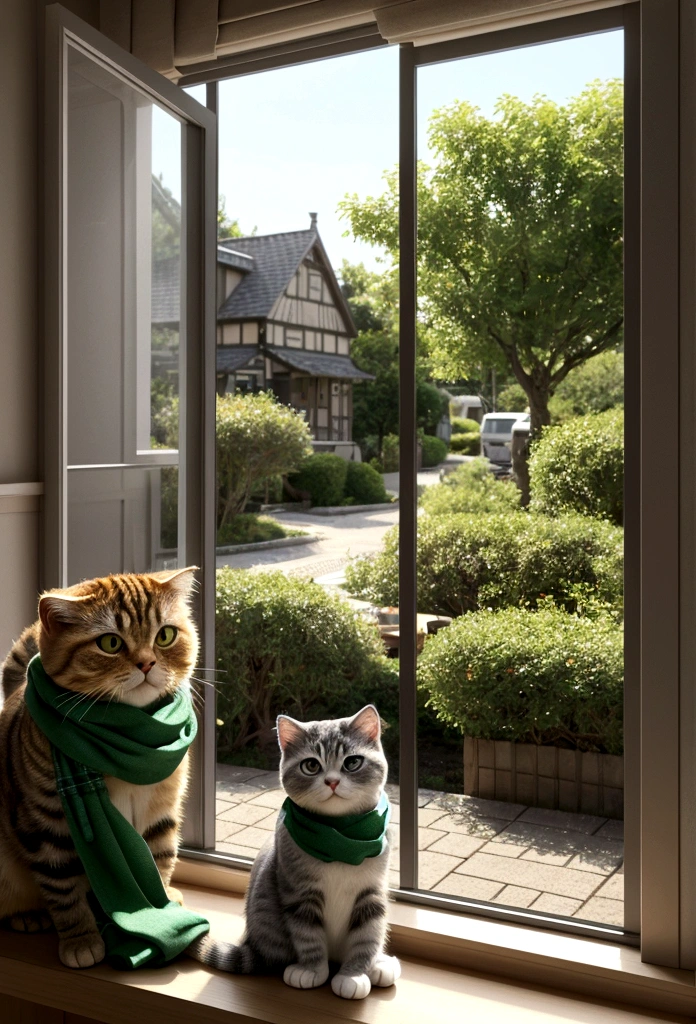 Sitting by the window at the owner&#39;s house、Wearing a green scarf and holding a photo frame、Anthropomorphic Scottish Fold cat「Lily」。The background is a quiet town at dusk。Lilyはメランコリックな表情で窓の外を見つめている。The scene is depicted in 3D, Pixar character style.。