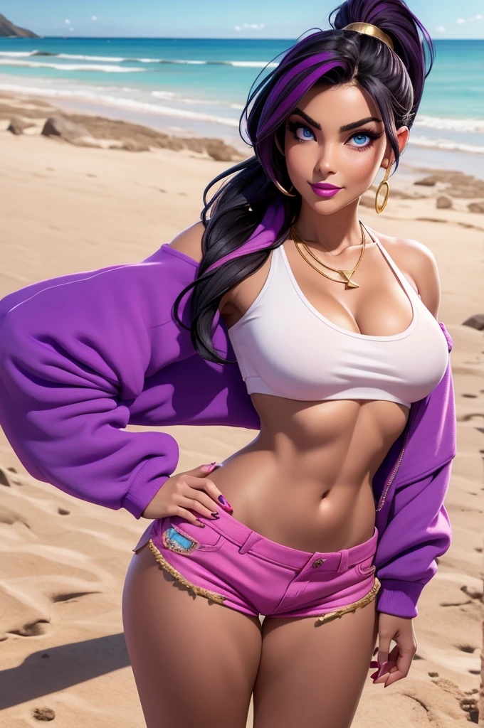 beautiful, 26 year old girl, slim body, (black hair [purple highlights]), blue eyes, pink lipstick, mascara, blush, beautiful eyebrows, white crop top hoodie, soft skin, gold necklace, ponytail, short shorts, smirk, on the beach, (full body shot), looking back at the viewer