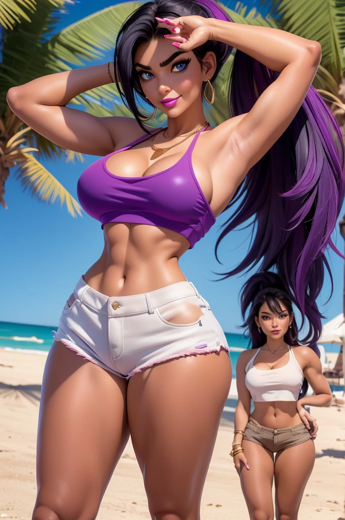 beautiful, 26 year old girl, slim body, (black hair [purple highlights]), blue eyes, pink lipstick, mascara, blush, beautiful eyebrows, white crop top hoodie, soft skin, gold necklace, ponytail, short shorts, smirk, on the beach, (full body shot), looking back at the viewer