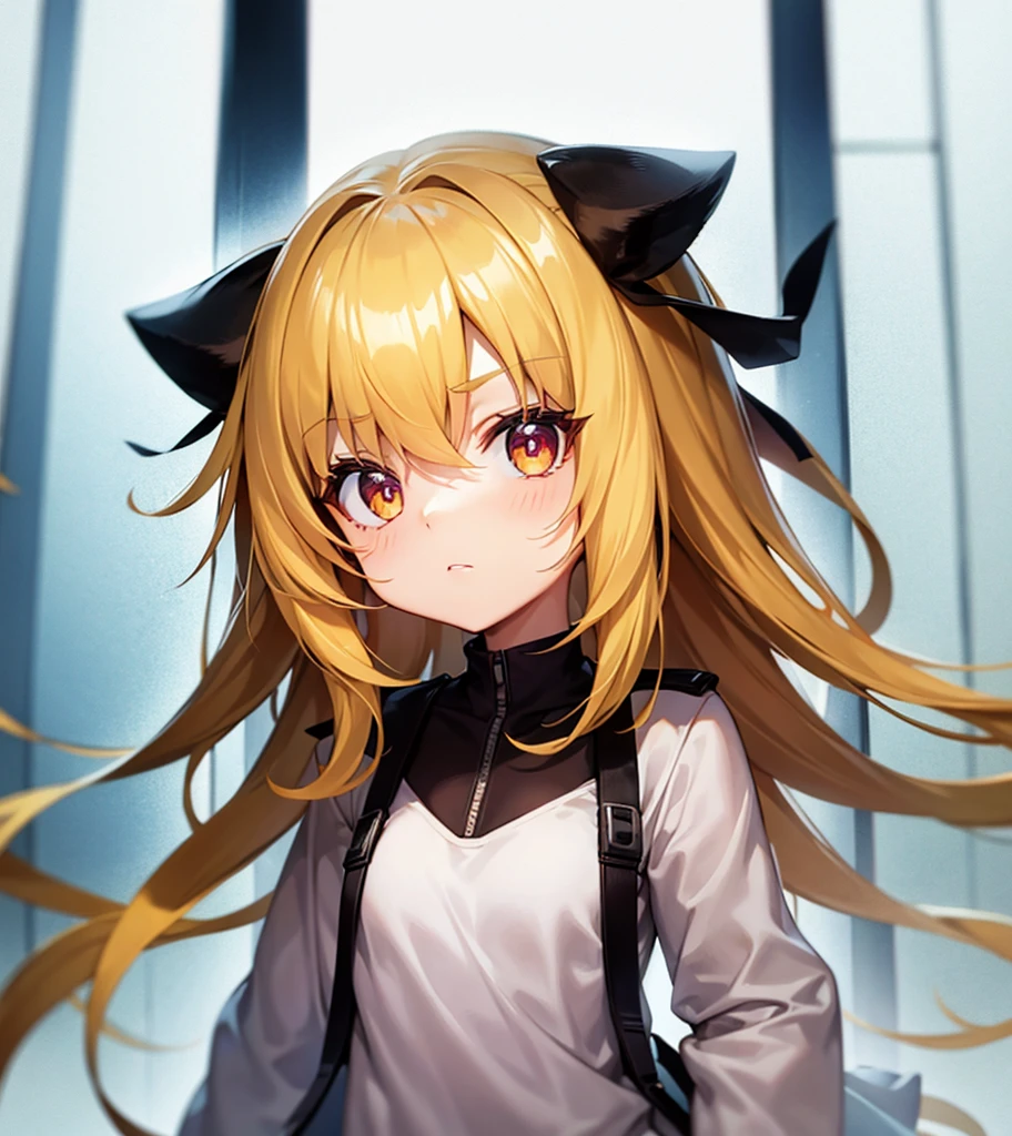 (annoyed),e litiny ,Small girildish face, Very fine clean face,Top quality, Big eyes,Straight Hair,Yellow hair,Crimson Eye,(Dark Room), Subtle light, Soft lighting,Light from directly behind, (Are standing),Front view,prison