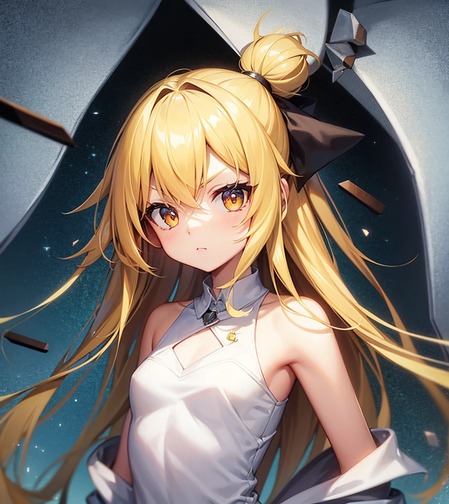 (annoyed),Cute little ,Tiny ,Small girl,,Childish face, Very fine clean face,Top quality, Big eyes,Straight Hair,Yellow hair,Crimson Eye,(Dark Room), Subtle light, Soft lighting,Light from directly behind, (Are standing),Front view,prison