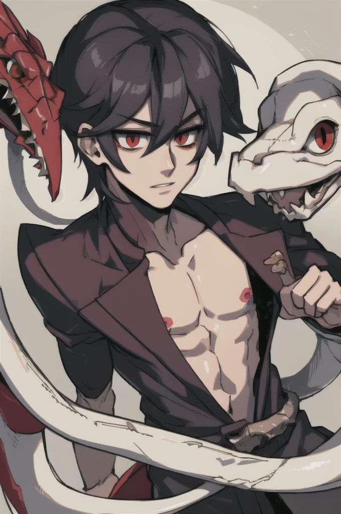 A boy with black hair and scarlet eyes with a destroyed chest and a white snake