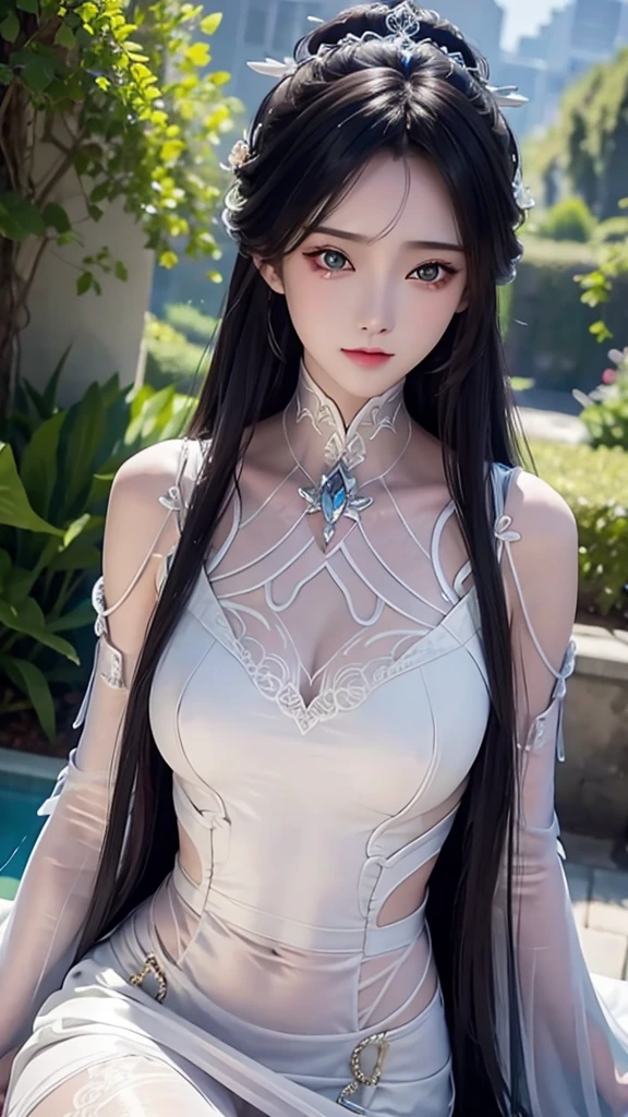 best quality, masterpiece, Medium chest, (Medium breasts), Delicate skin texture, Detailed fabric texture, Delicate face, Super Detail, 8K, Intricate details, 1 Girl, 30 years old, High contrast, High resolution eyes, Black hair goddess，Royal sister，Sexy long legs。