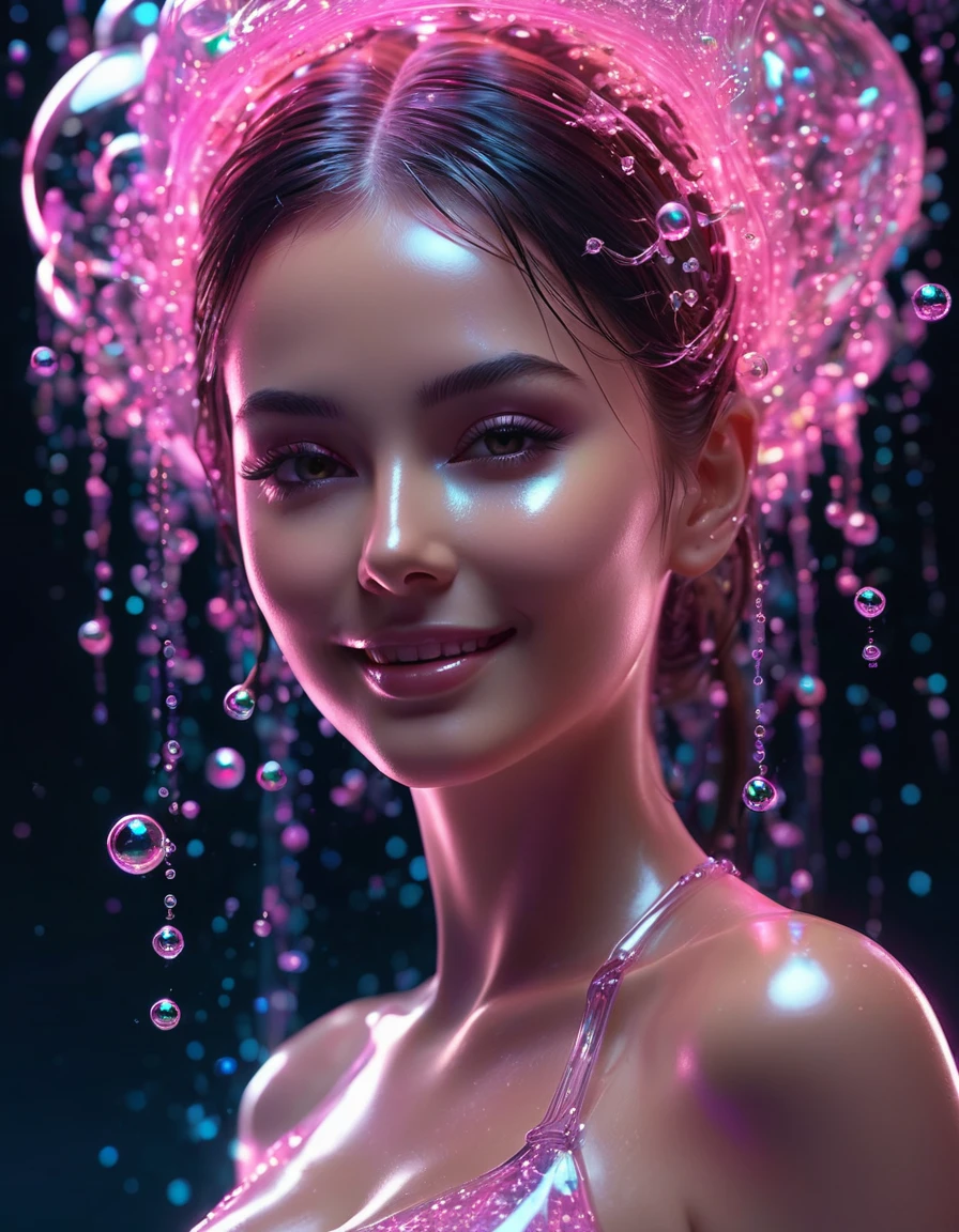 a glowing head made of glass and a glowing body made of glass, beautiful face, detail face, full body (breast), long legs, nice smile, good arms and hands, pink neon glowing lights, water bubbles, amazing particles pulling out of the glass head and body, like droplets of glass floating, 8k highly detailed digital art, intricate artwork, octane render, mind-bending digital art, breathtaking digital art, 3d digital art, 8k hd wallpaper, volumetric lighting, highly reflective glass particles