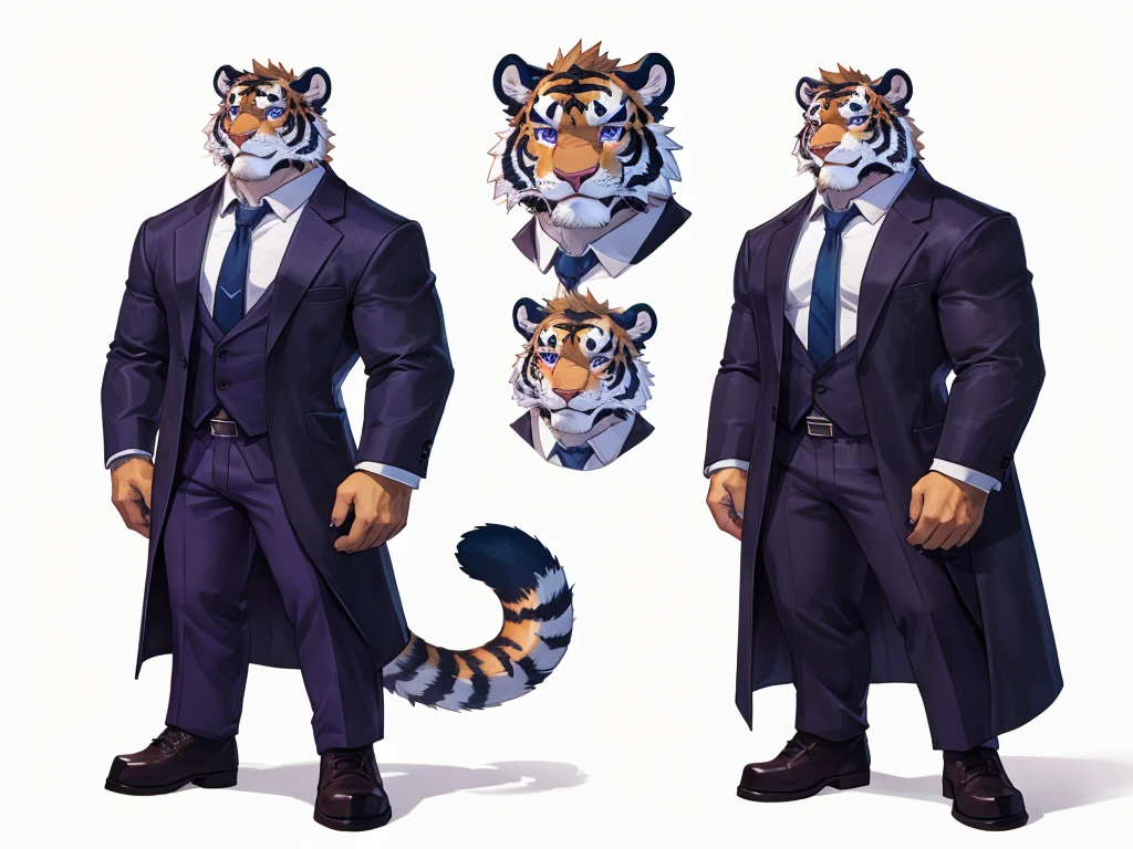 bara extremely handsome white furred tiger, wearing purple trench coat purple trousers and white dress shirt and necktie, white fluffy furry body and limbs, loafers, very tall, very broad shoulders, narrow waist, muscular, massive pecs, beautiful eyes, perfect paws, purple eyes, long legs, full body, best quality, high quality, silver earring on left ear, dead stare, cold expression, multiple views, character sheet
